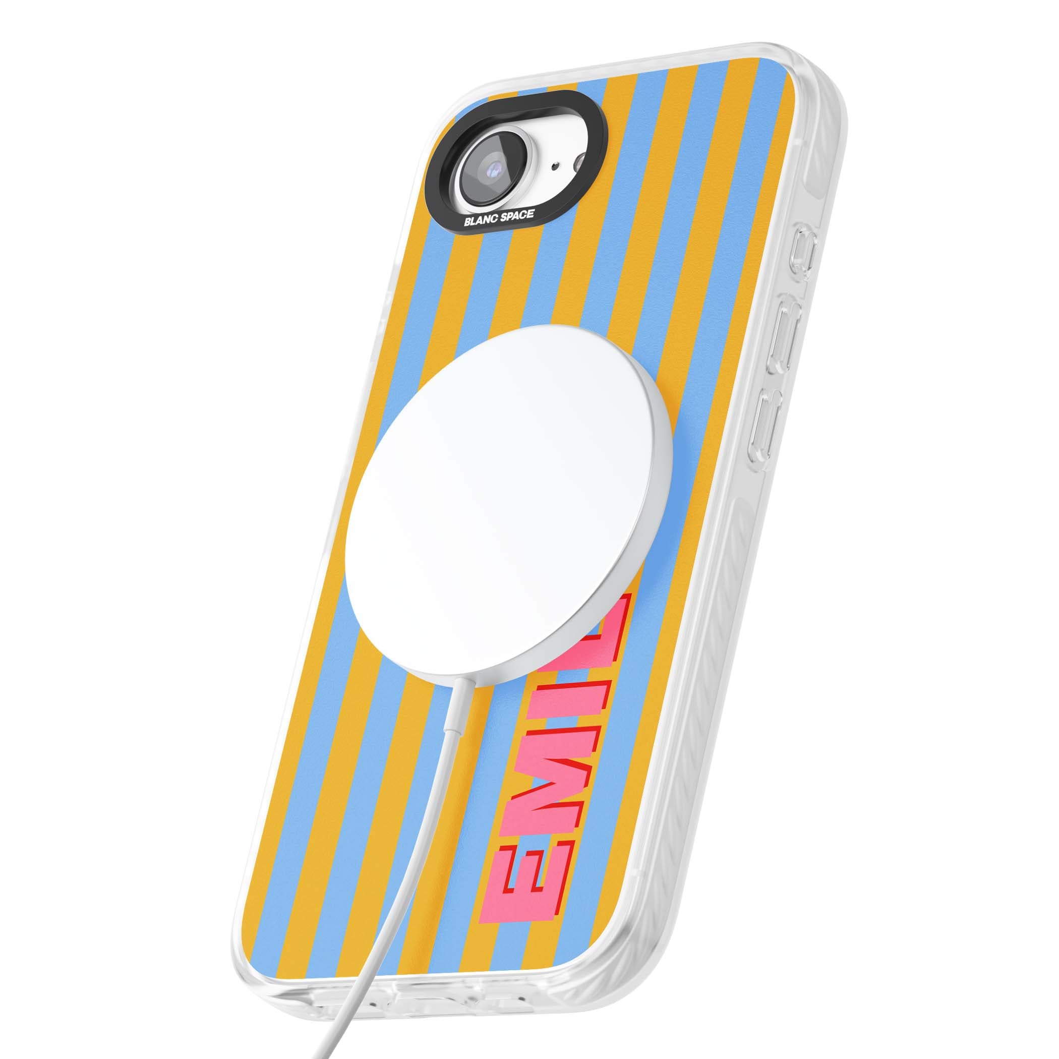 Carribean Stripe personalised coastal iPhone case with yellow and blue vertical stripes and a custom pink name | Impact Magsafe case for iPhone 16e, iPhone 17e