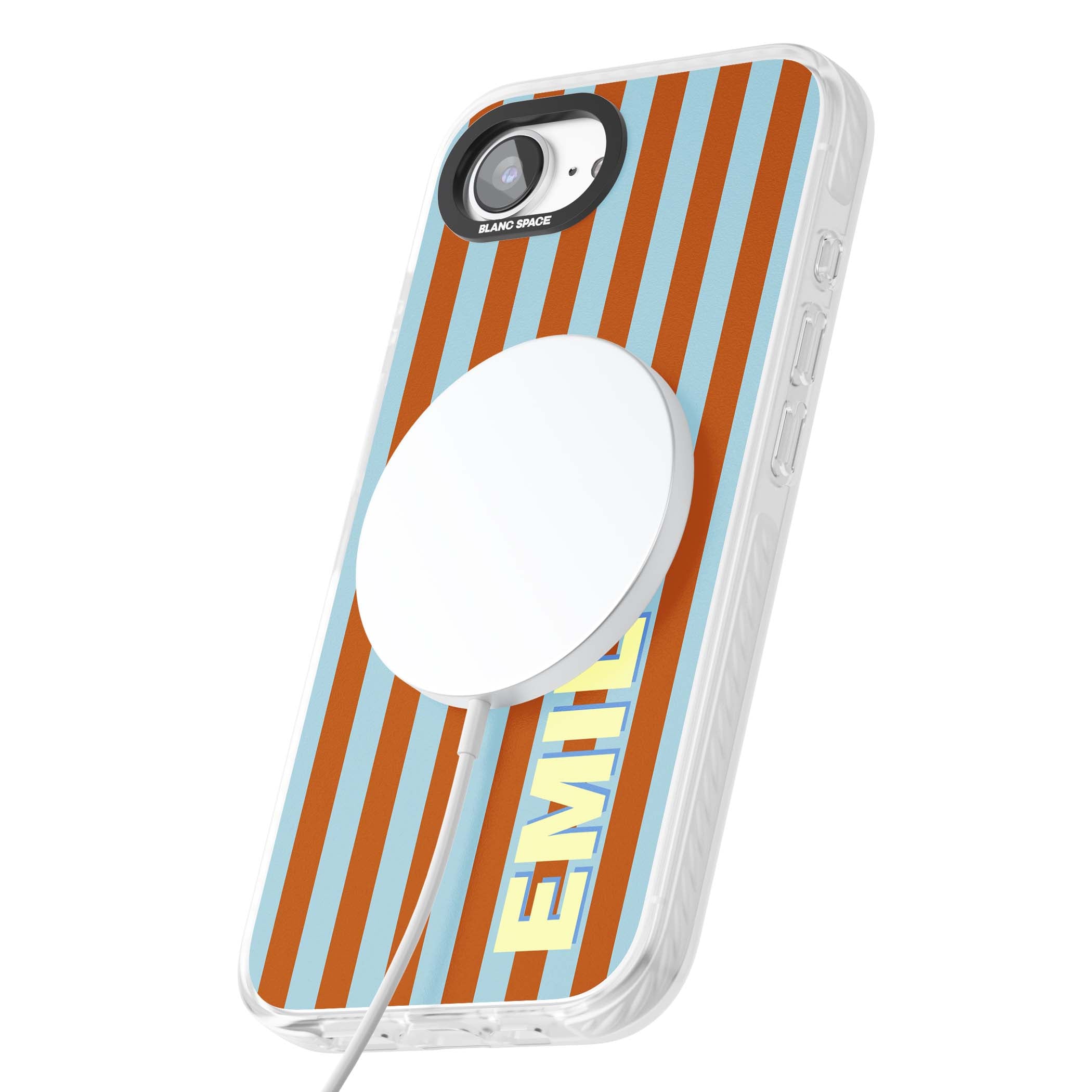 Cappadocia Stripe personalised coastal iPhone case featuring blue and orange vertical stripes with custom cream name | Impact Magsafe case for iPhone 16e, iPhone 17e