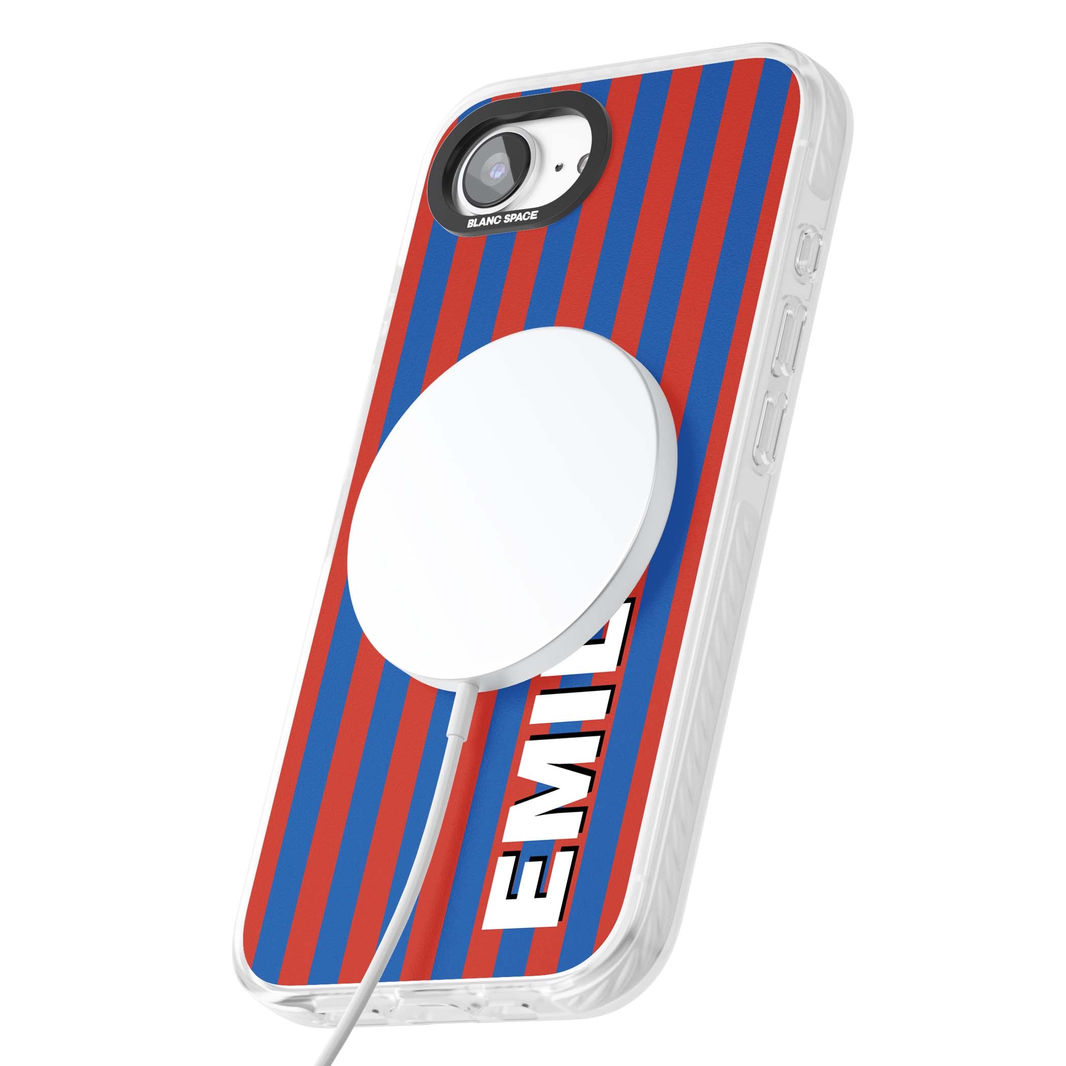 Cuban Stripe personalised iPhone case featuring red and blue vertical stripes with custom name in bold white letters | Impact Magsafe case for iPhone 16e, iPhone 17e