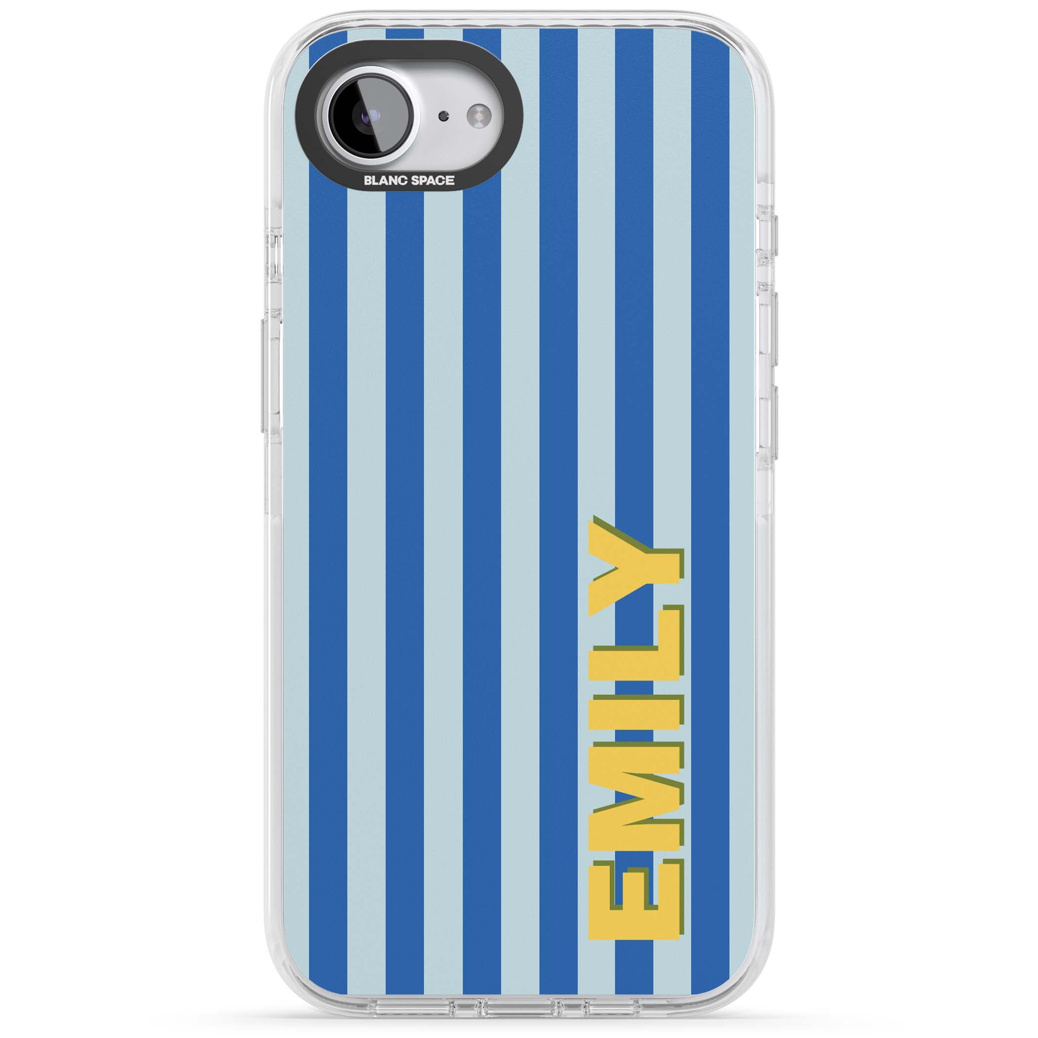 Athenian Stripe personalised preppy iPhone case featuring blue vertical stripes and a custom yellow name | Impact Magsafe case for iPhone 16e, iPhone 17e