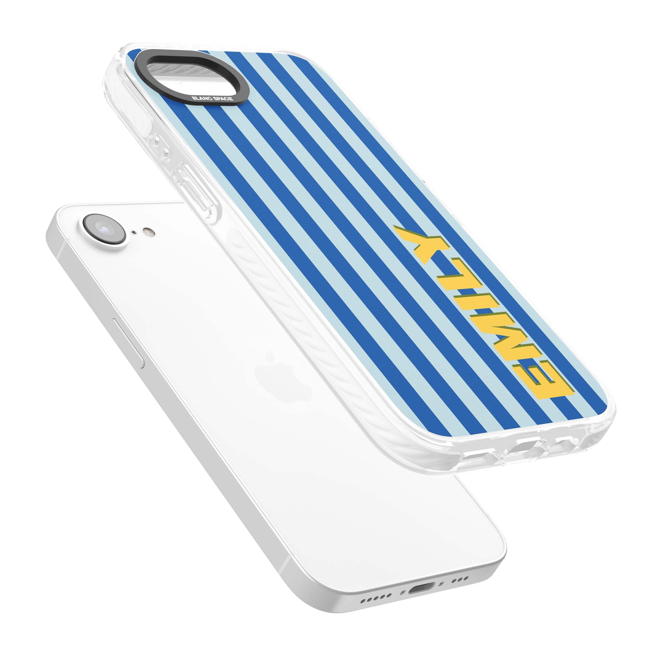 Athenian Stripe personalised preppy iPhone case featuring blue vertical stripes and a custom yellow name | Impact Magsafe case for iPhone 16e, iPhone 17e