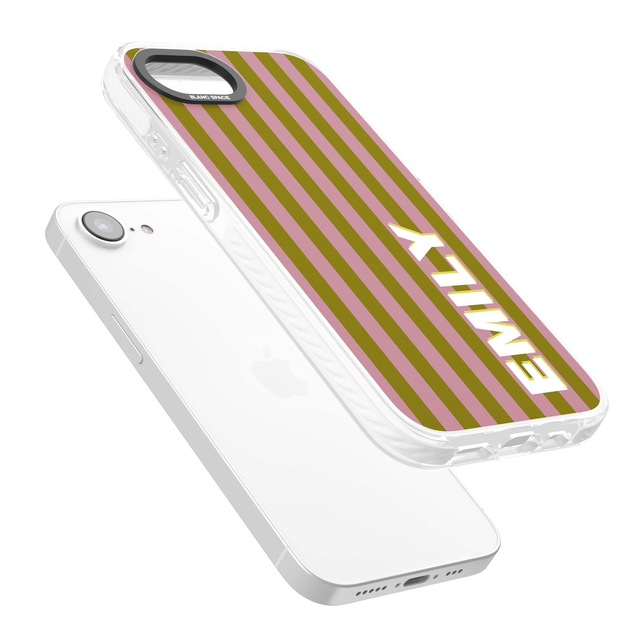 Istanbul Stripe personalised iPhone case featuring pink and olive green vertical stripes with a custom vertical name | Impact Magsafe case for iPhone 16e, iPhone 17e