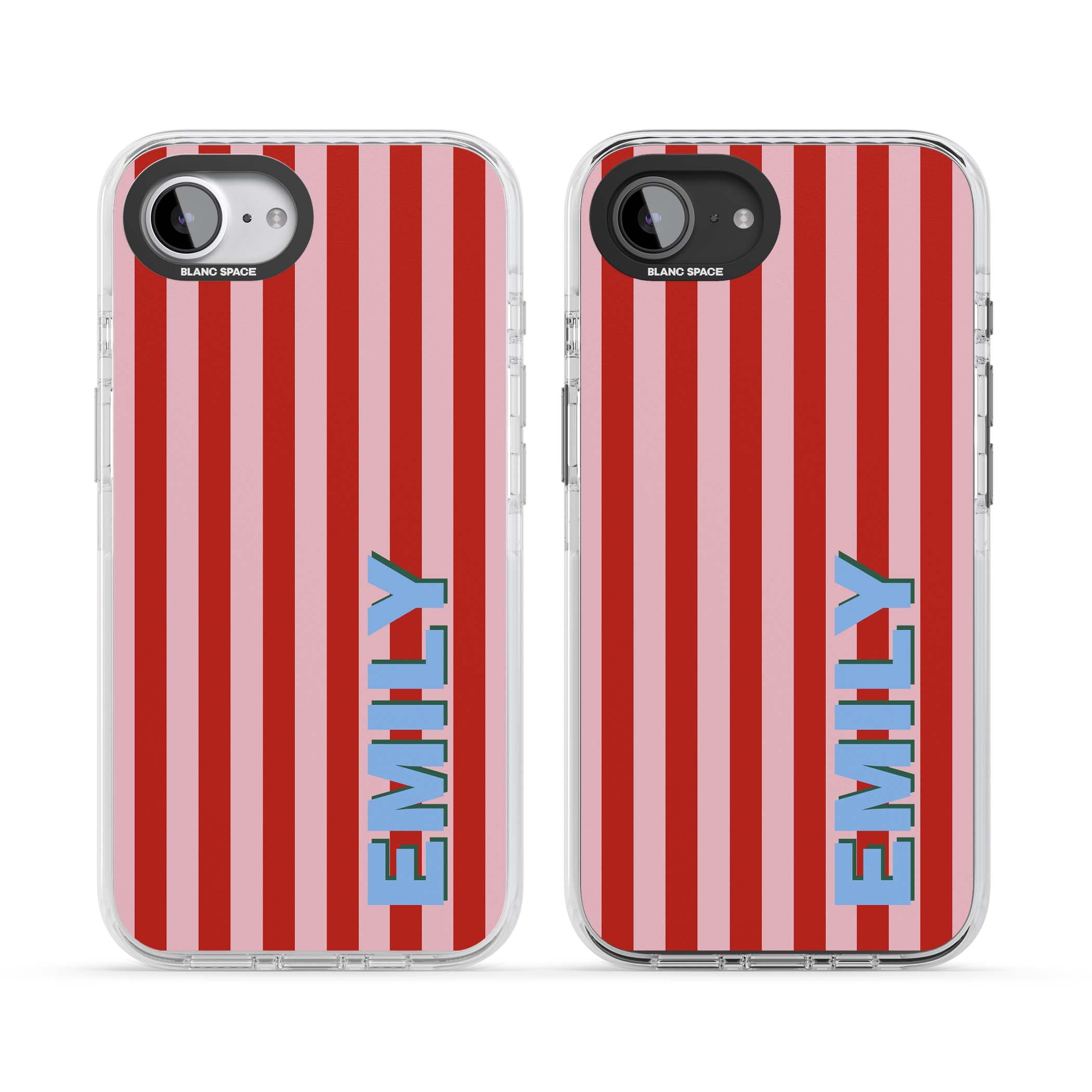 Market Stripe personalised iPhone case with red and pink vertical stripes and custom blue name | Impact Magsafe case for iPhone 16e, iPhone 17e