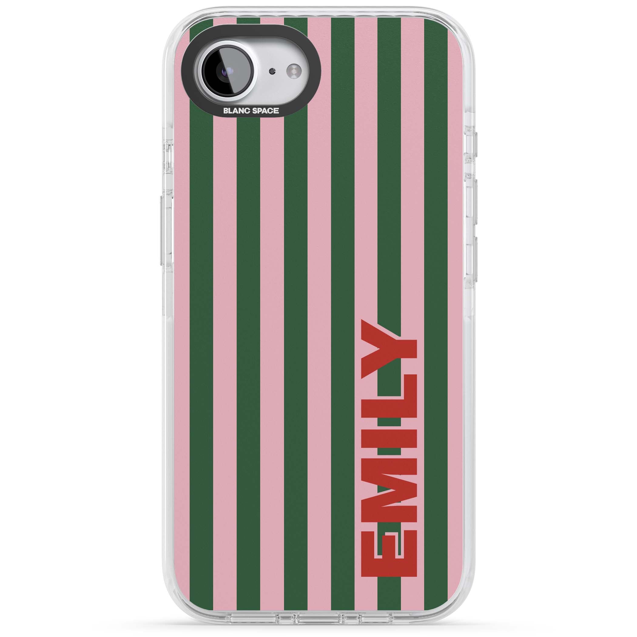 Italian Stripe preppy iPhone case featuring pink and green vertical stripes with personalised red name | Impact Magsafe case for iPhone 16e, iPhone 17e