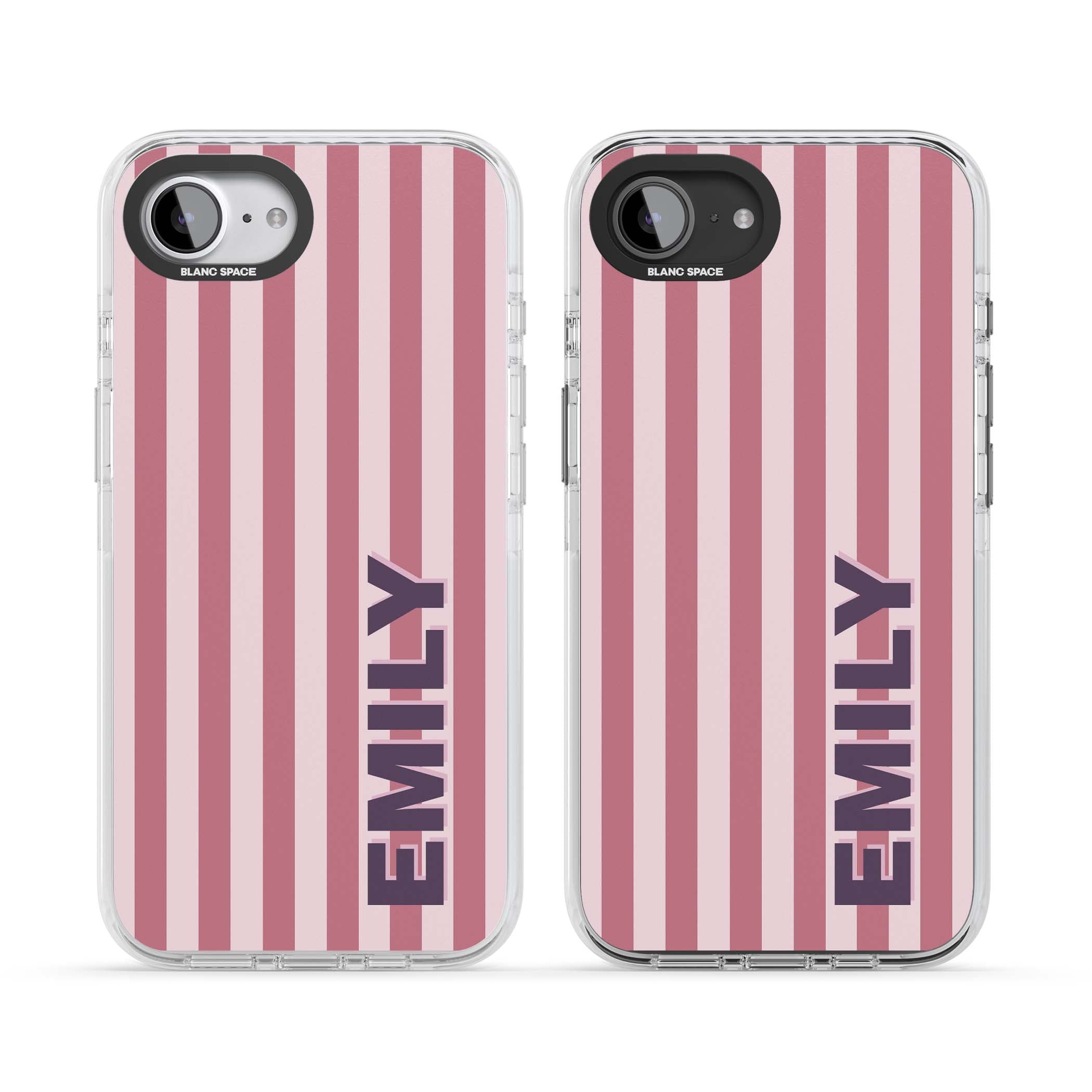 Victoria Stripe personalised iPhone case featuring pink vertical stripes and custom name in bold plum lettering | Impact Magsafe case for iPhone 16e, iPhone 17e
