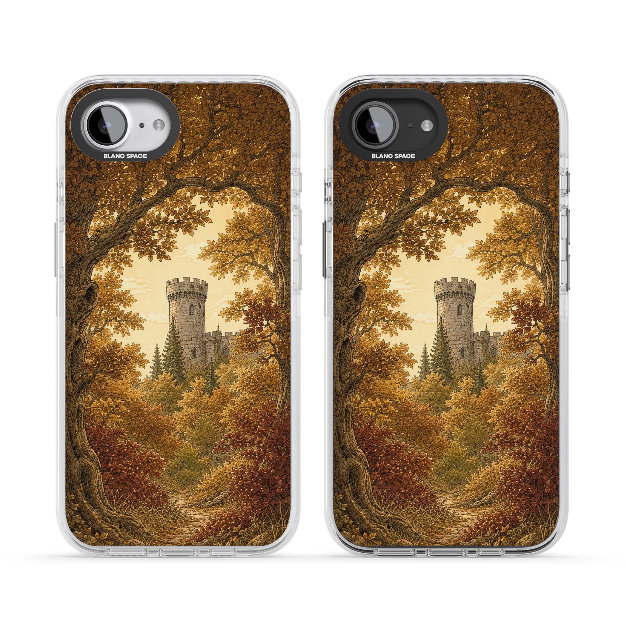 Autumn Keep cottagecore iPhone case featuring a medieval castle tower framed by golden autumn trees and woodland foliage | Impact Magsafe case for iPhone 16e, iPhone 17e