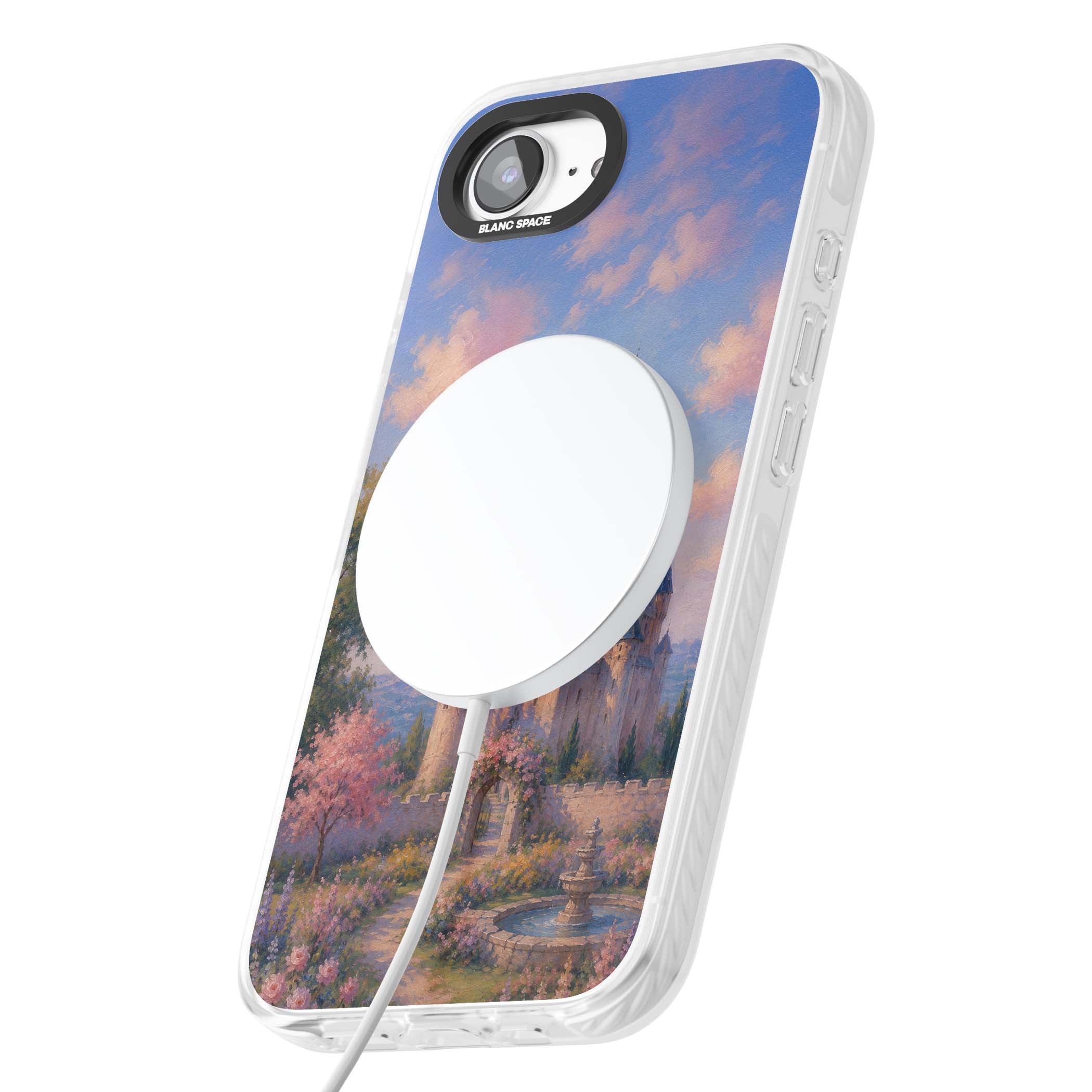 Enchanted Kingdom fairytale iPhone case featuring a romantic castle painting with cherry blossoms and pastel pink sky | Impact Magsafe case for iPhone 16e, iPhone 17e