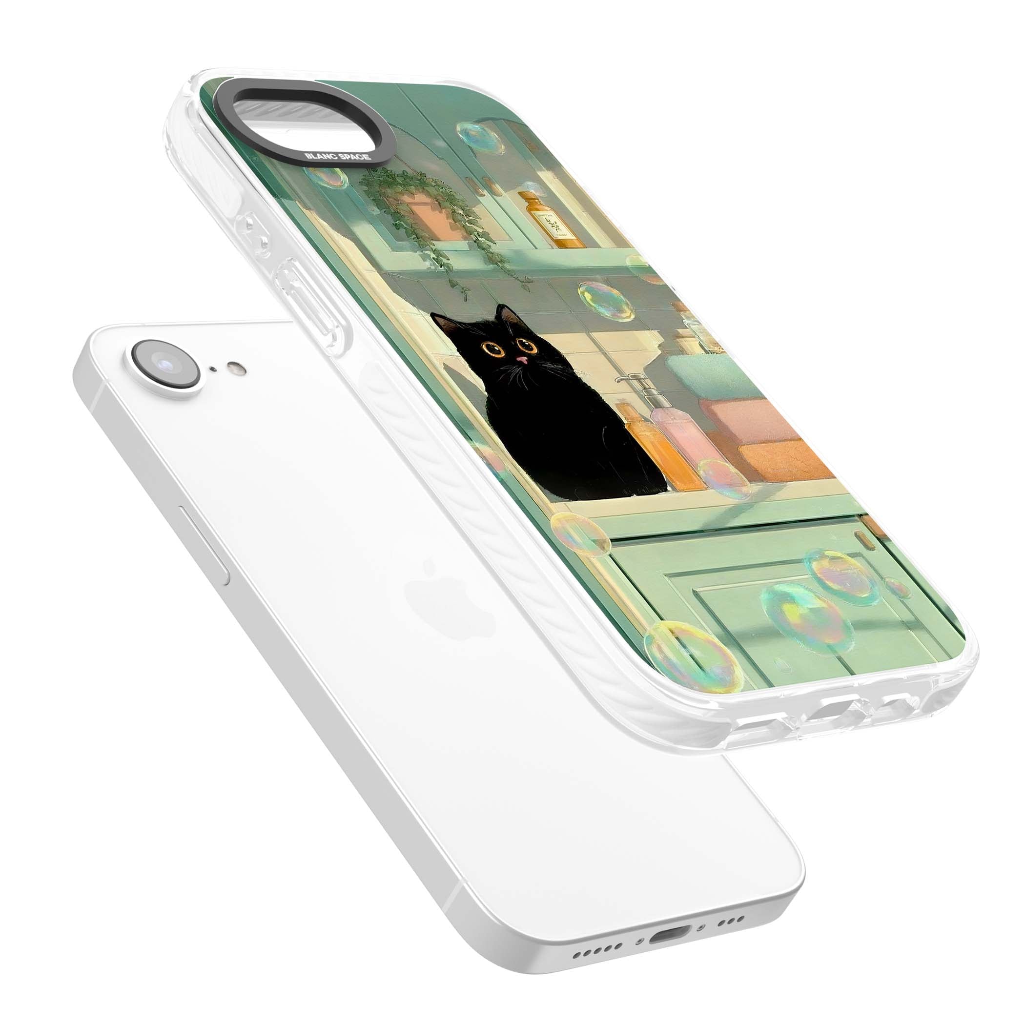 Bathroom Bubble Kitty cottagecore iPhone case featuring a black cat, mint bathroom scene and floating soap bubbles | Impact Magsafe case for iPhone 16e, iPhone 17e