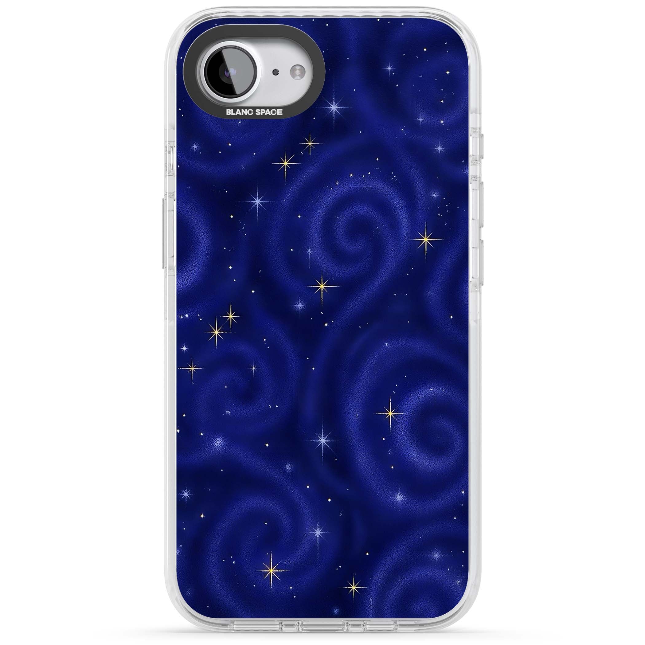 Indigo Cosmos celestial iPhone case featuring swirling navy night sky and sparkling golden stars | Impact Magsafe case for iPhone 16e, iPhone 17e