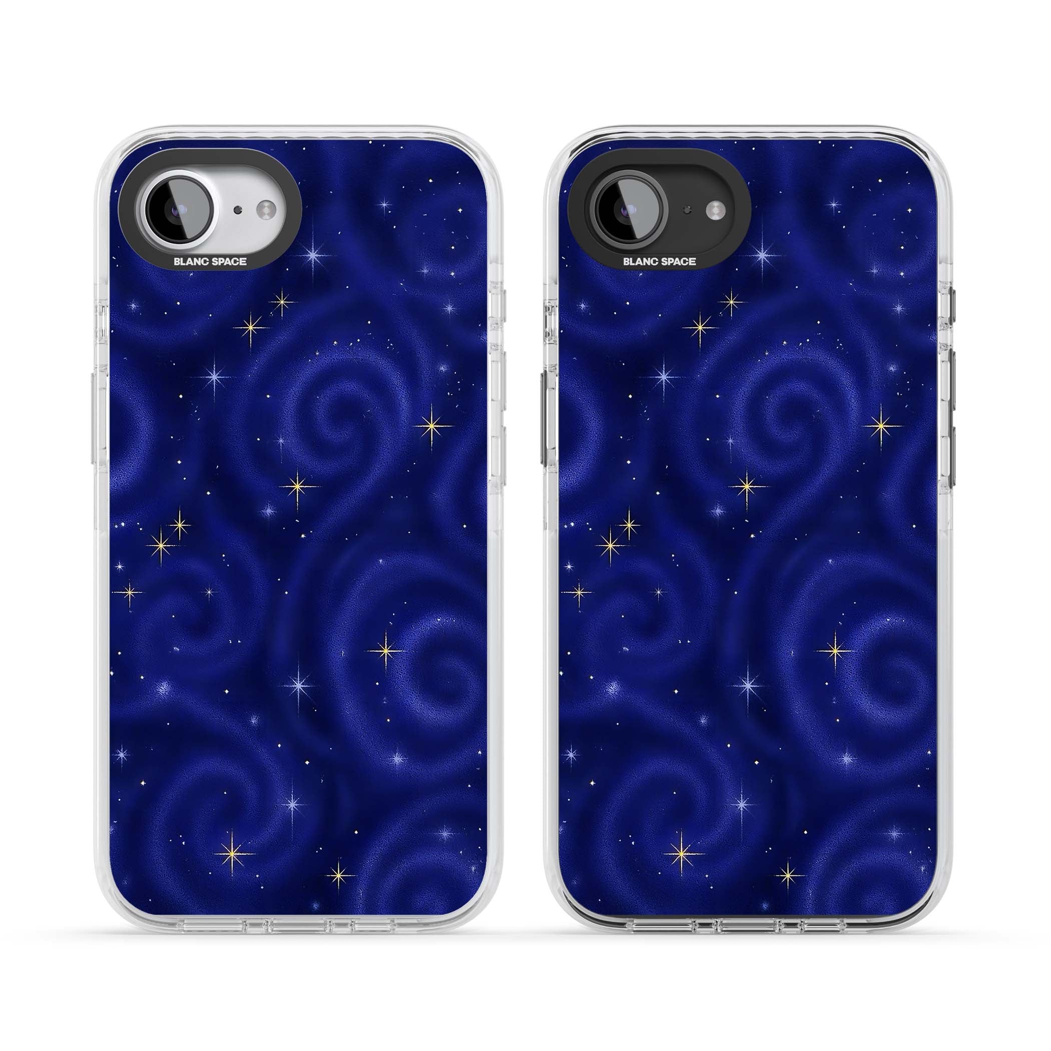 Indigo Cosmos celestial iPhone case featuring swirling navy night sky and sparkling golden stars | Impact Magsafe case for iPhone 16e, iPhone 17e