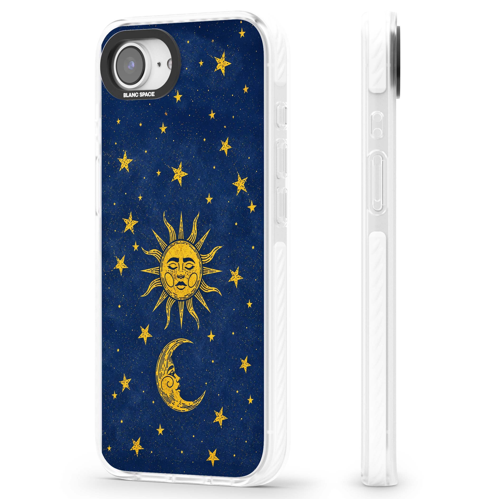 Sun & Moon Reverie celestial iPhone case featuring a vintage golden sun, crescent moon and scattered stars on midnight blue | Impact Magsafe case for iPhone 16e, iPhone 17e