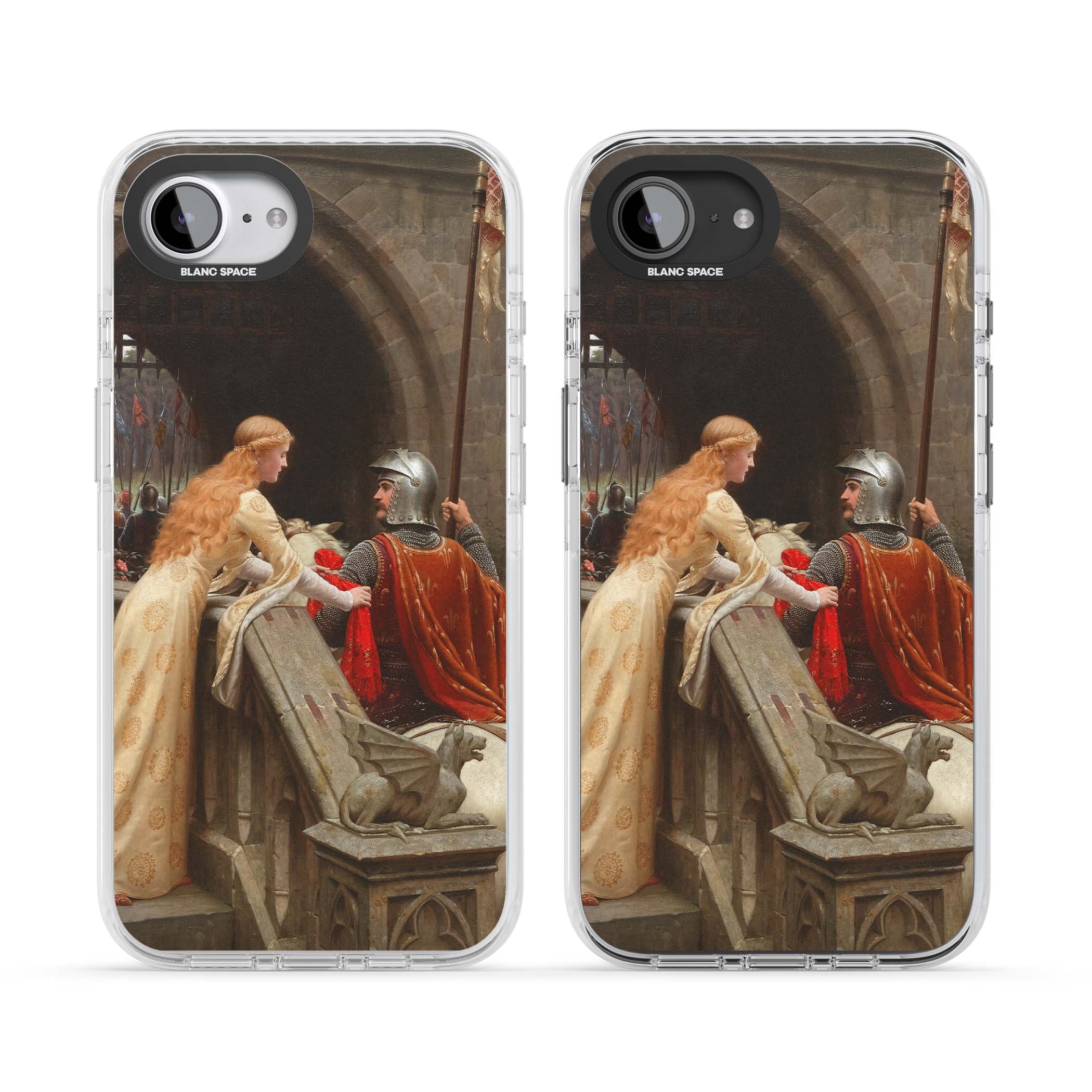 God Speed fine art iPhone case featuring Edmund Blair Leighton's medieval knight and lady beneath a stone archway | Impact Magsafe case for iPhone 16e, iPhone 17e