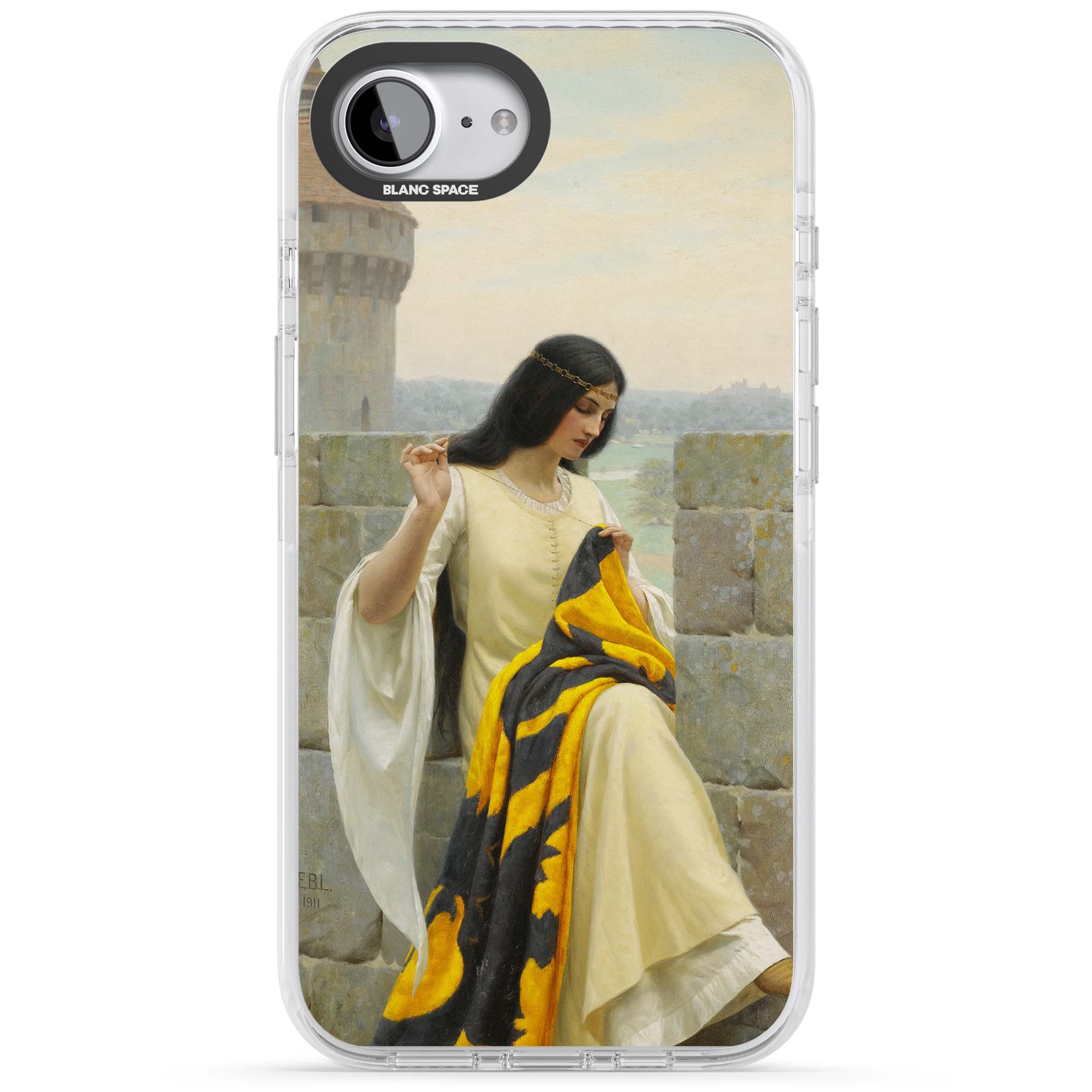 Stitching the Standard renaissance art iPhone case featuring a medieval lady sewing a golden banner on a castle wall | Impact Magsafe case for iPhone 16e, iPhone 17e