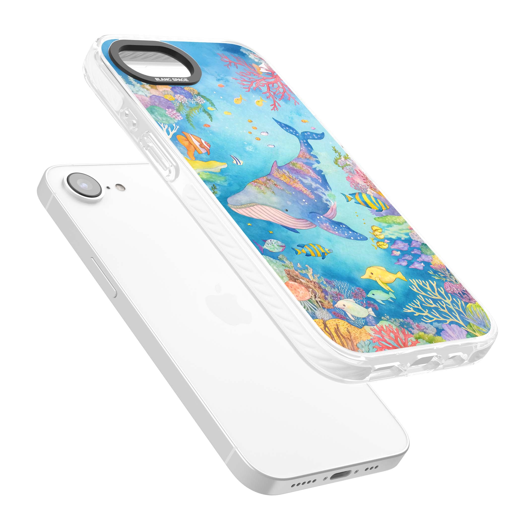 Coral Lagoon ocean iPhone case featuring a watercolour whale, coral reef and tropical fish | Impact Magsafe case for iPhone 16e, iPhone 17e