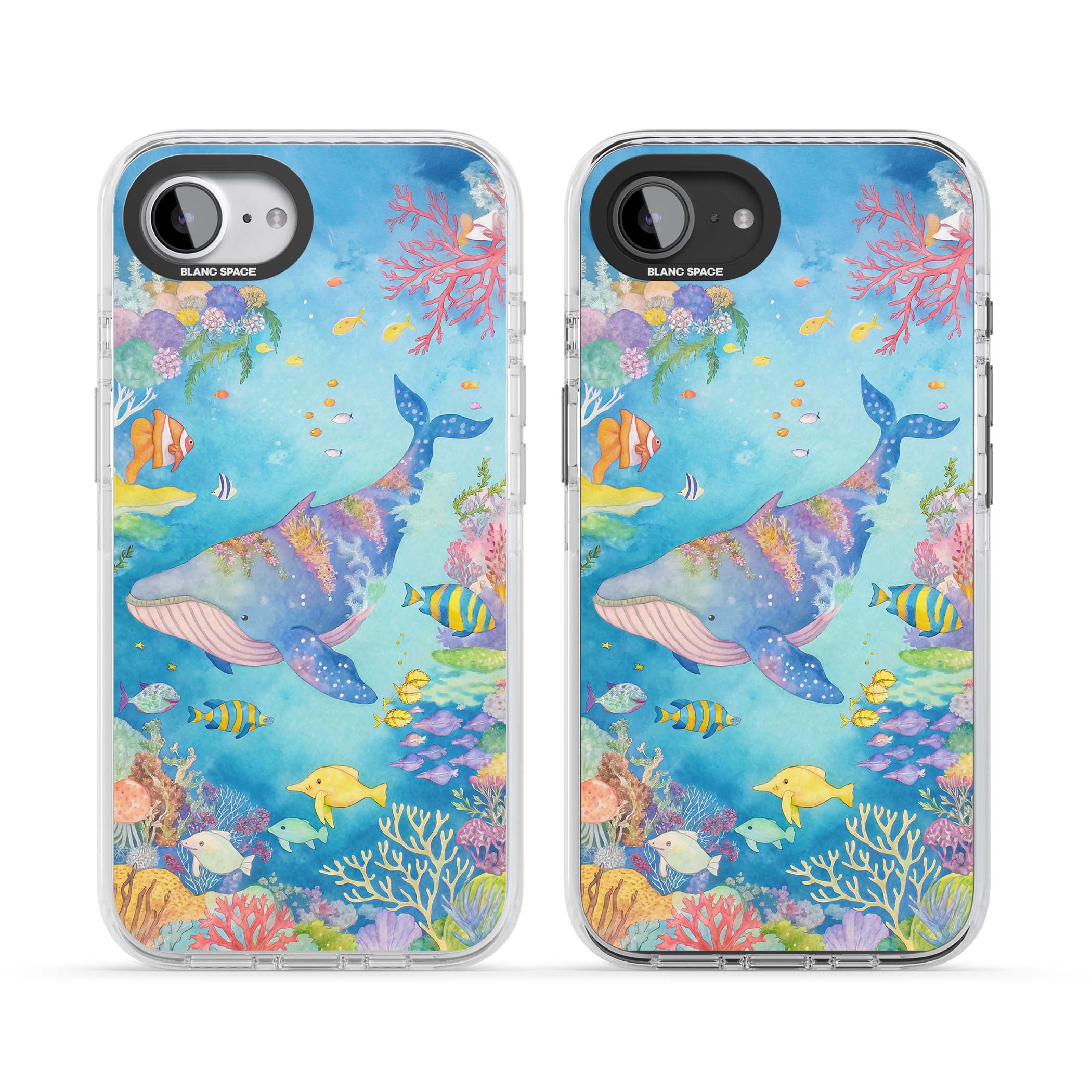 Coral Lagoon ocean iPhone case featuring a watercolour whale, coral reef and tropical fish | Impact Magsafe case for iPhone 16e, iPhone 17e