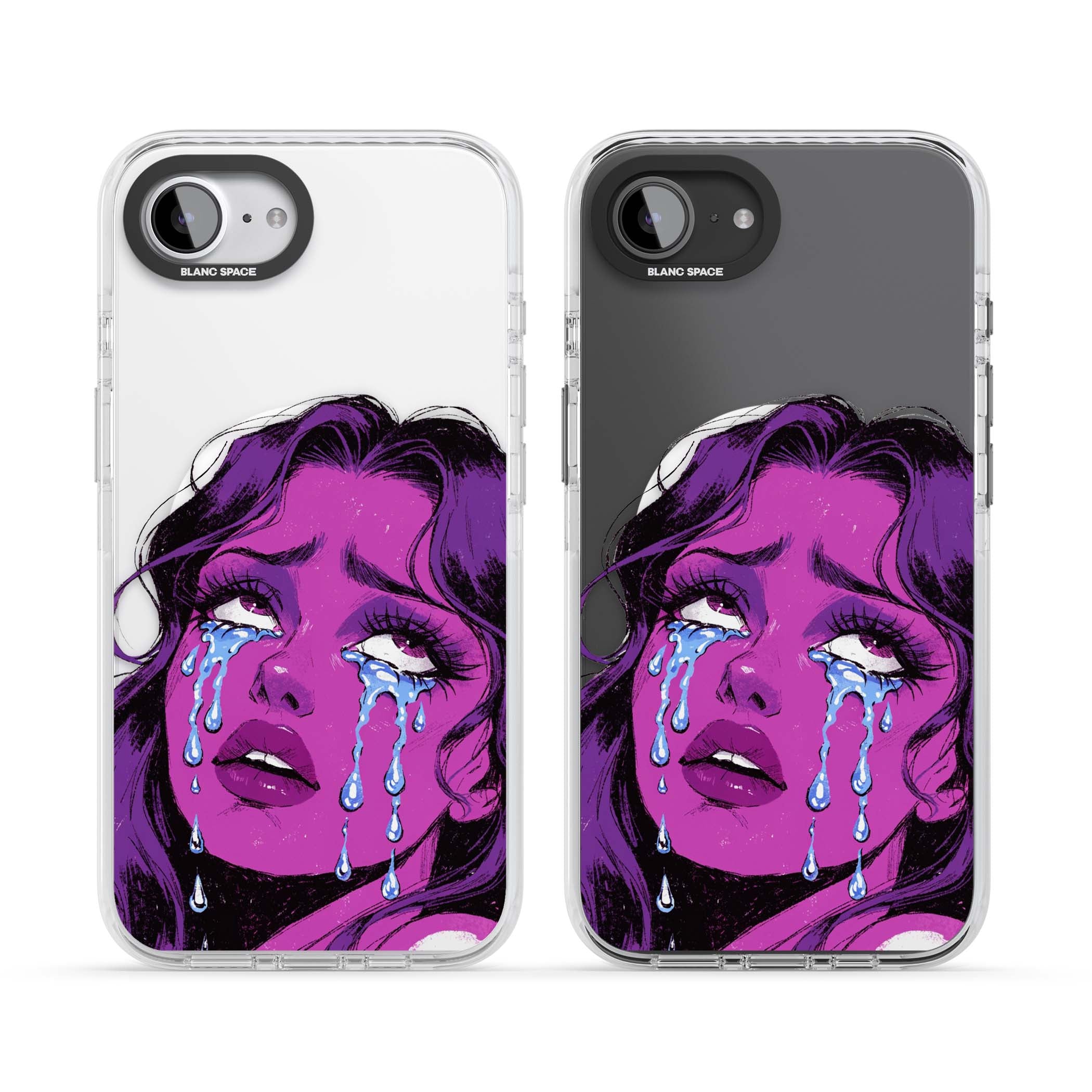 Drama Queen pop art iPhone case featuring a purple crying comic girl with blue tears | Impact Magsafe case for iPhone 16e, iPhone 17e