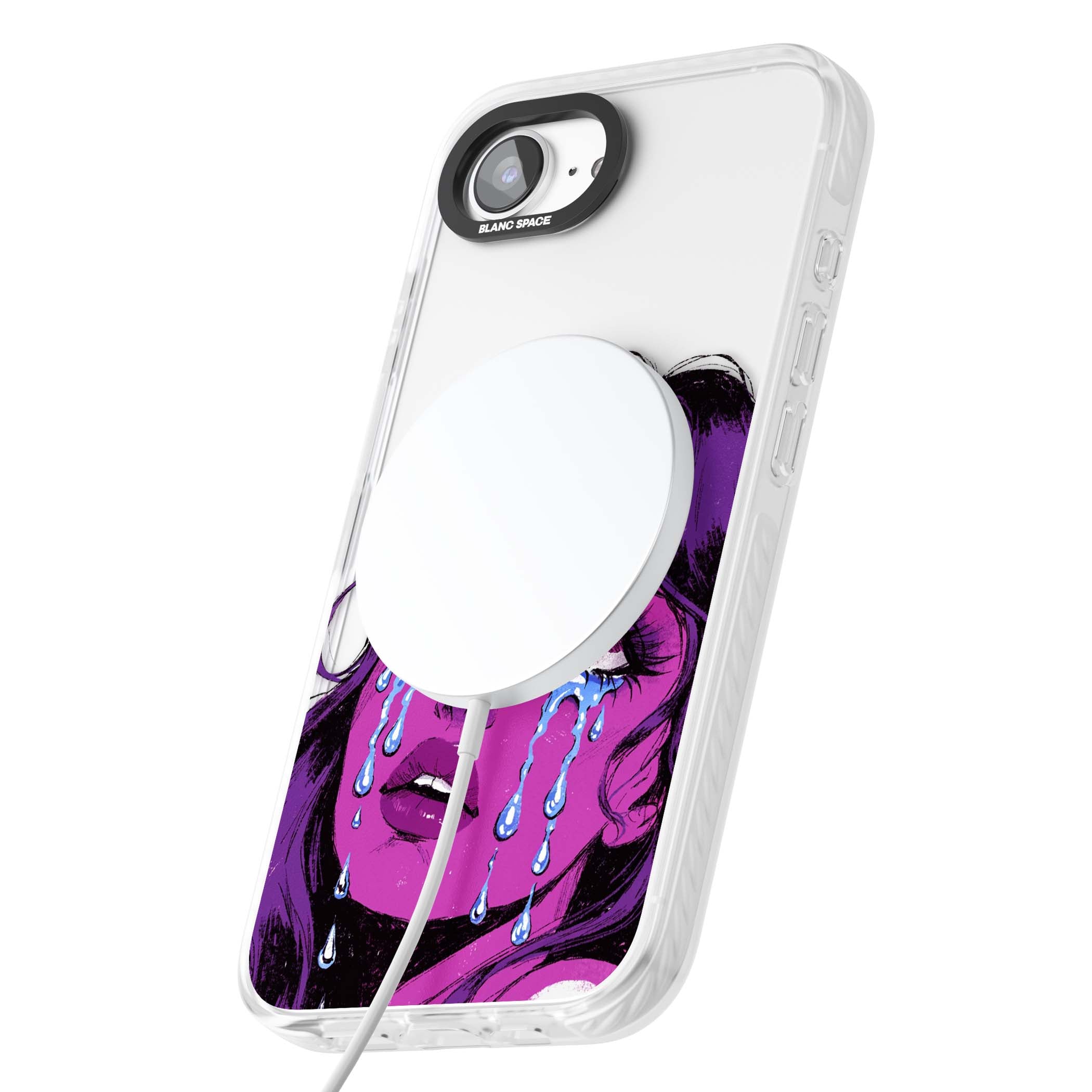 Drama Queen pop art iPhone case featuring a purple crying comic girl with blue tears | Impact Magsafe case for iPhone 16e, iPhone 17e
