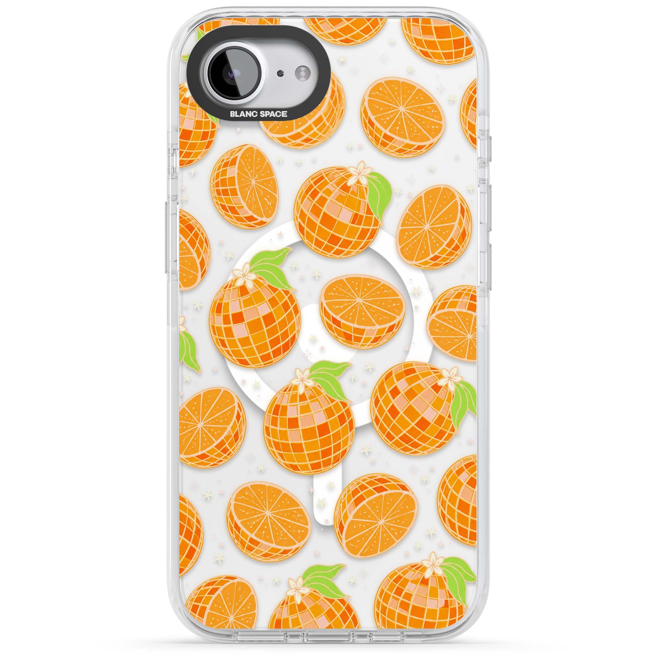 Disco Oranges retro iPhone case featuring mirrorball oranges, citrus slices and tiny blossoms on clear | Impact Magsafe case for iPhone 16e, iPhone 17e