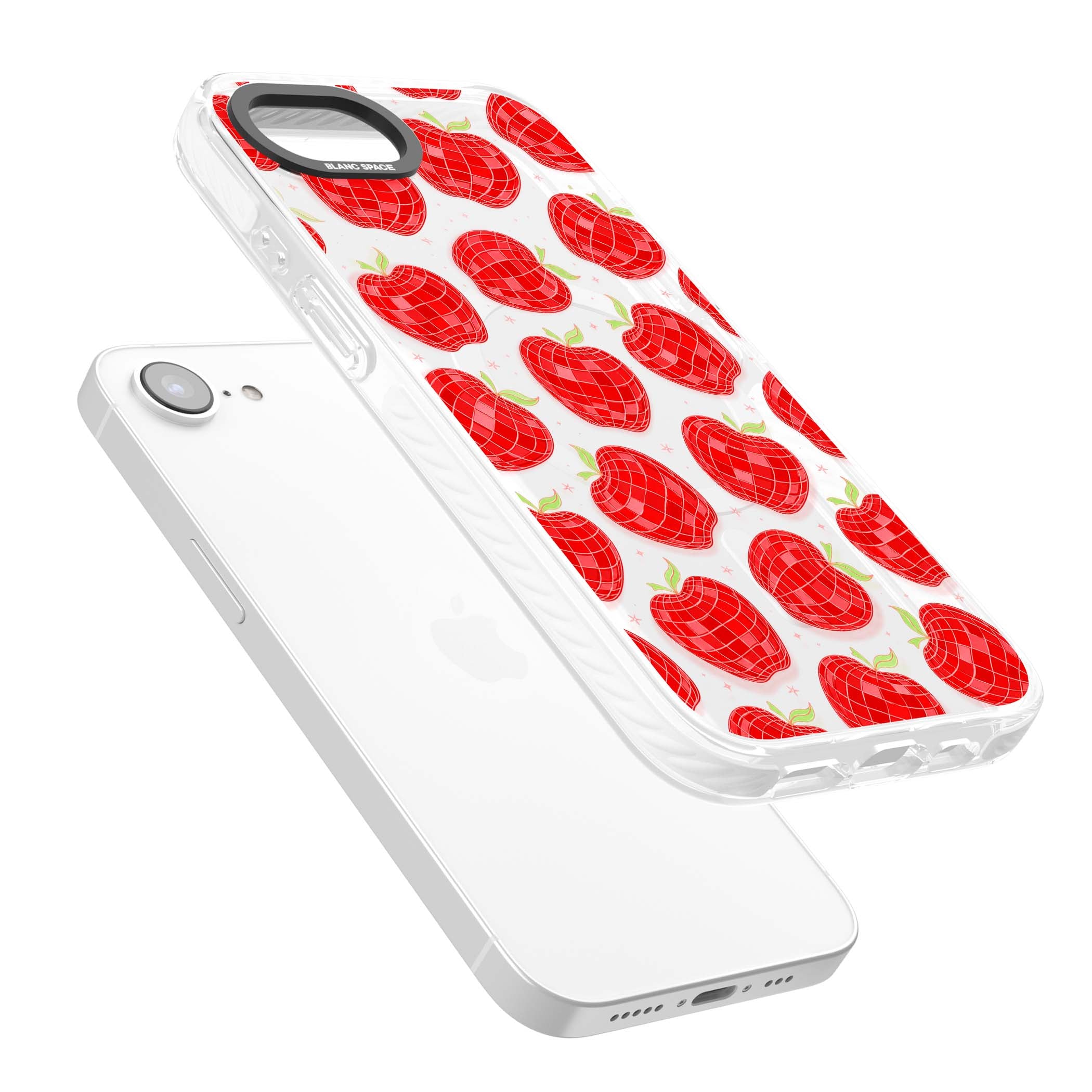 Disco Apples Y2K iPhone case featuring red disco ball apples, green leaves and pink sparkles on clear | Impact Magsafe case for iPhone 16e, iPhone 17e