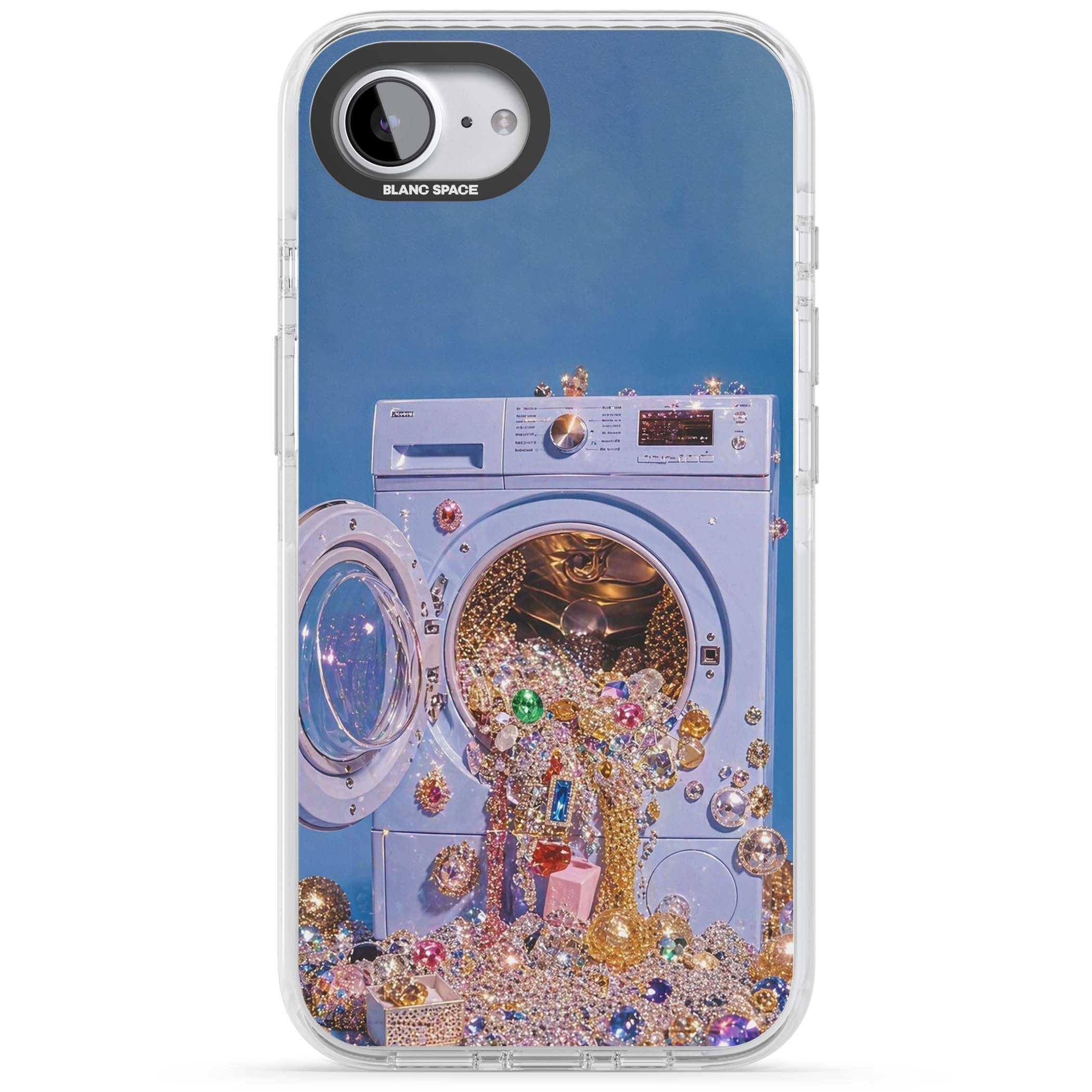 Gem Laundry baddie iPhone case featuring a surreal washing machine overflowing with colourful gemstones and crystals | Impact Magsafe case for iPhone 16e, iPhone 17e