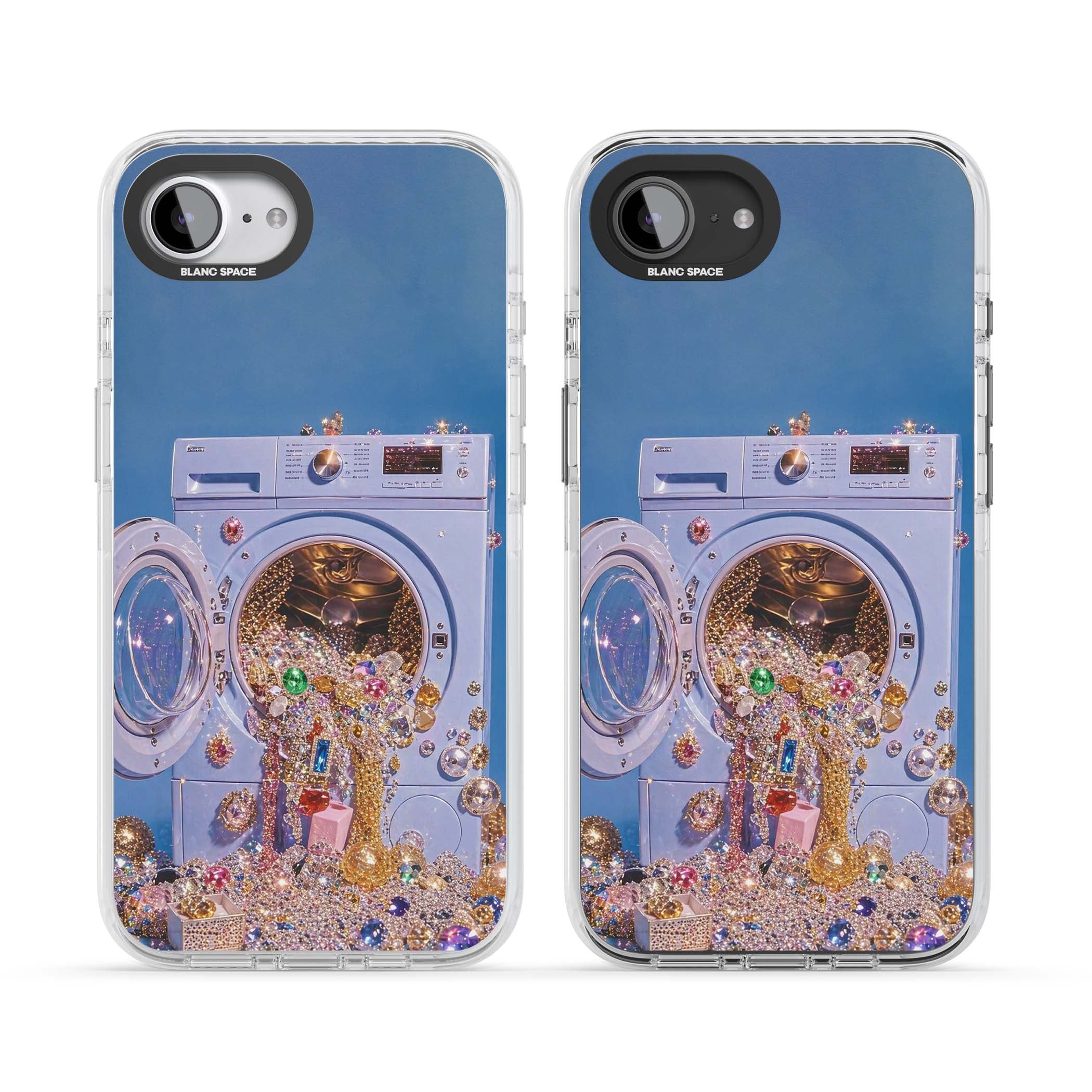 Gem Laundry baddie iPhone case featuring a surreal washing machine overflowing with colourful gemstones and crystals | Impact Magsafe case for iPhone 16e, iPhone 17e