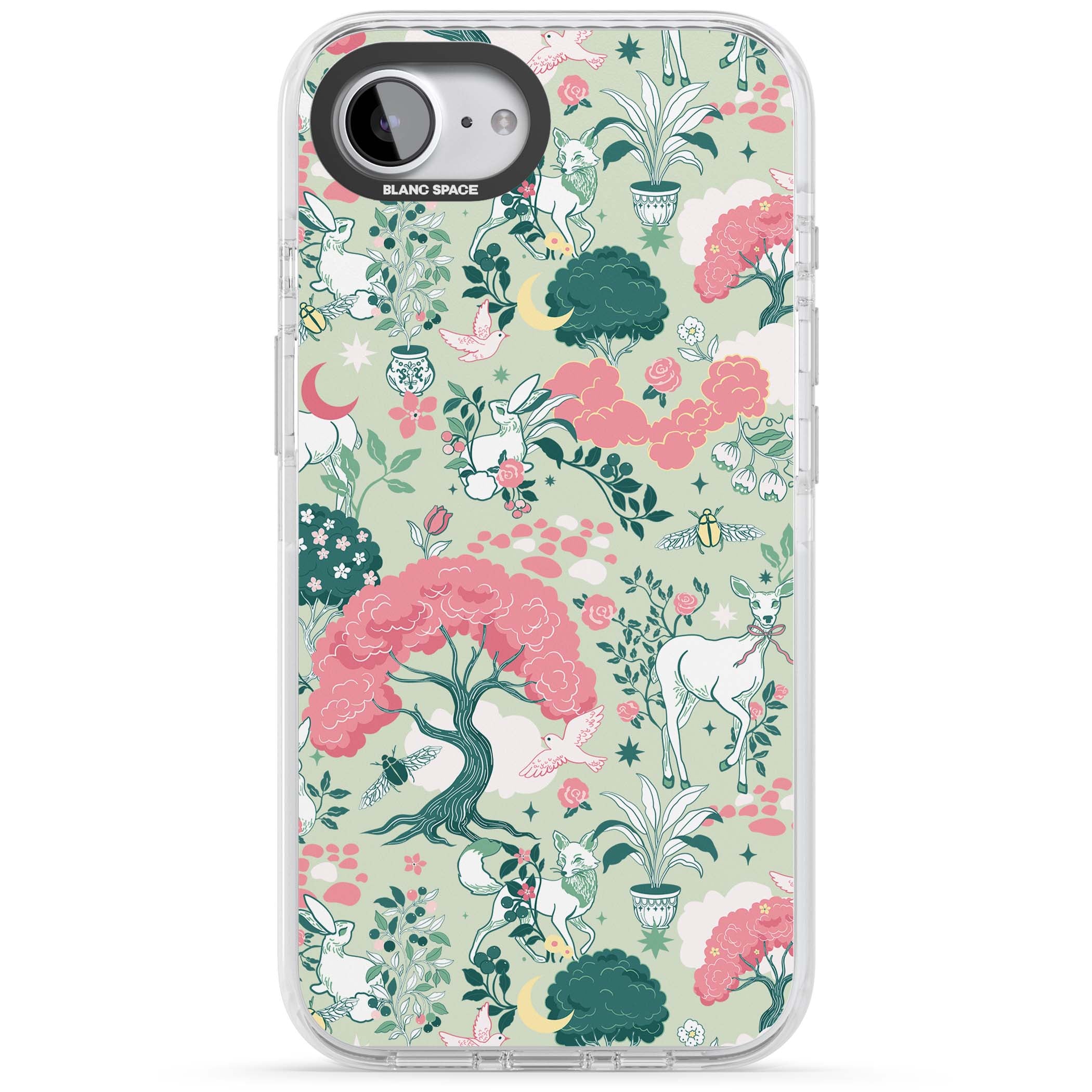 Enchanted Woodland cottagecore iPhone case featuring white deer, pink roses, mushrooms and woodland animals on sage green | Impact Magsafe case for iPhone 16e, iPhone 17e