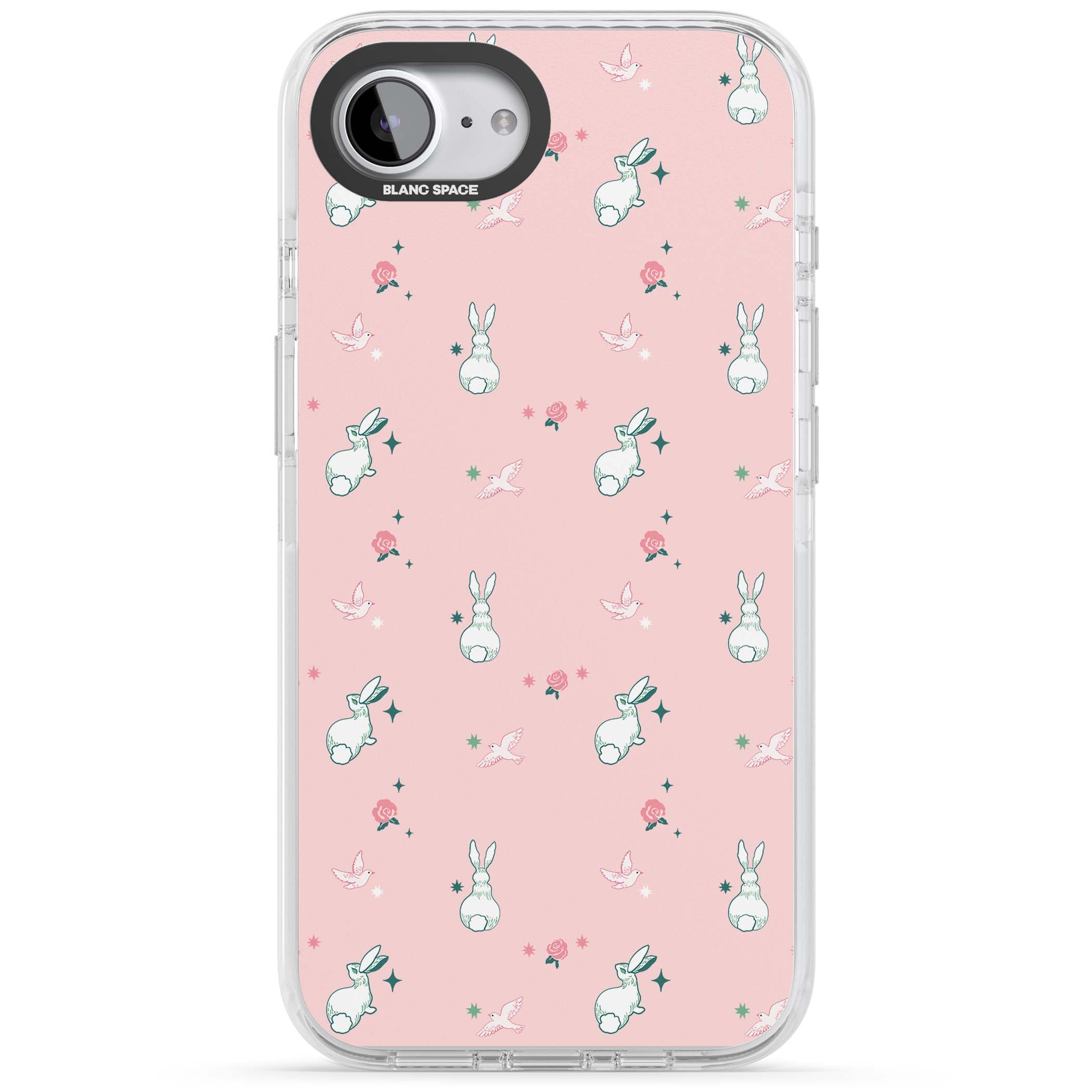 Bunny Garden kawaii iPhone case featuring white rabbits, pink roses, doves and stars on pink background | Impact Magsafe case for iPhone 16e, iPhone 17e