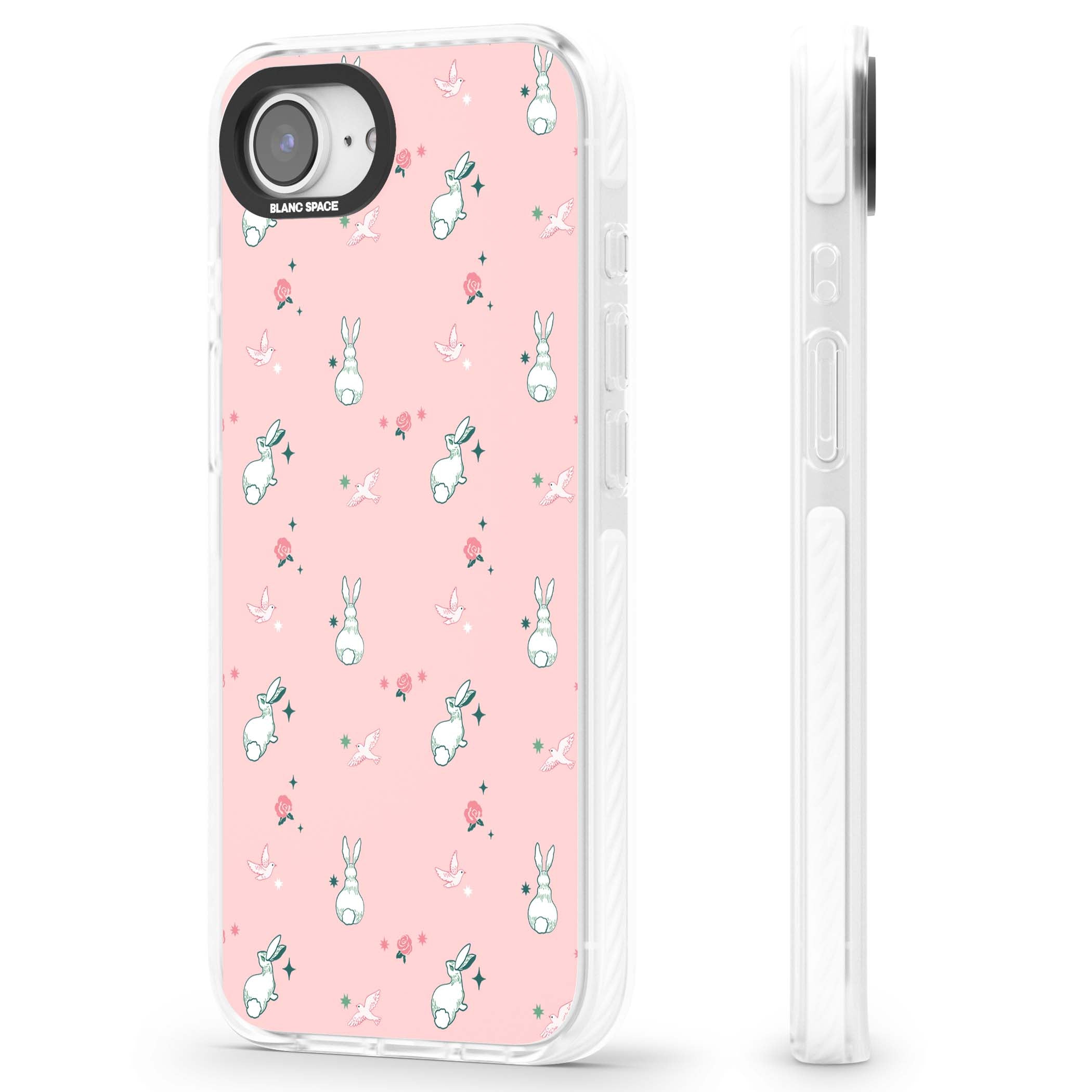 Bunny Garden kawaii iPhone case featuring white rabbits, pink roses, doves and stars on pink background | Impact Magsafe case for iPhone 16e, iPhone 17e