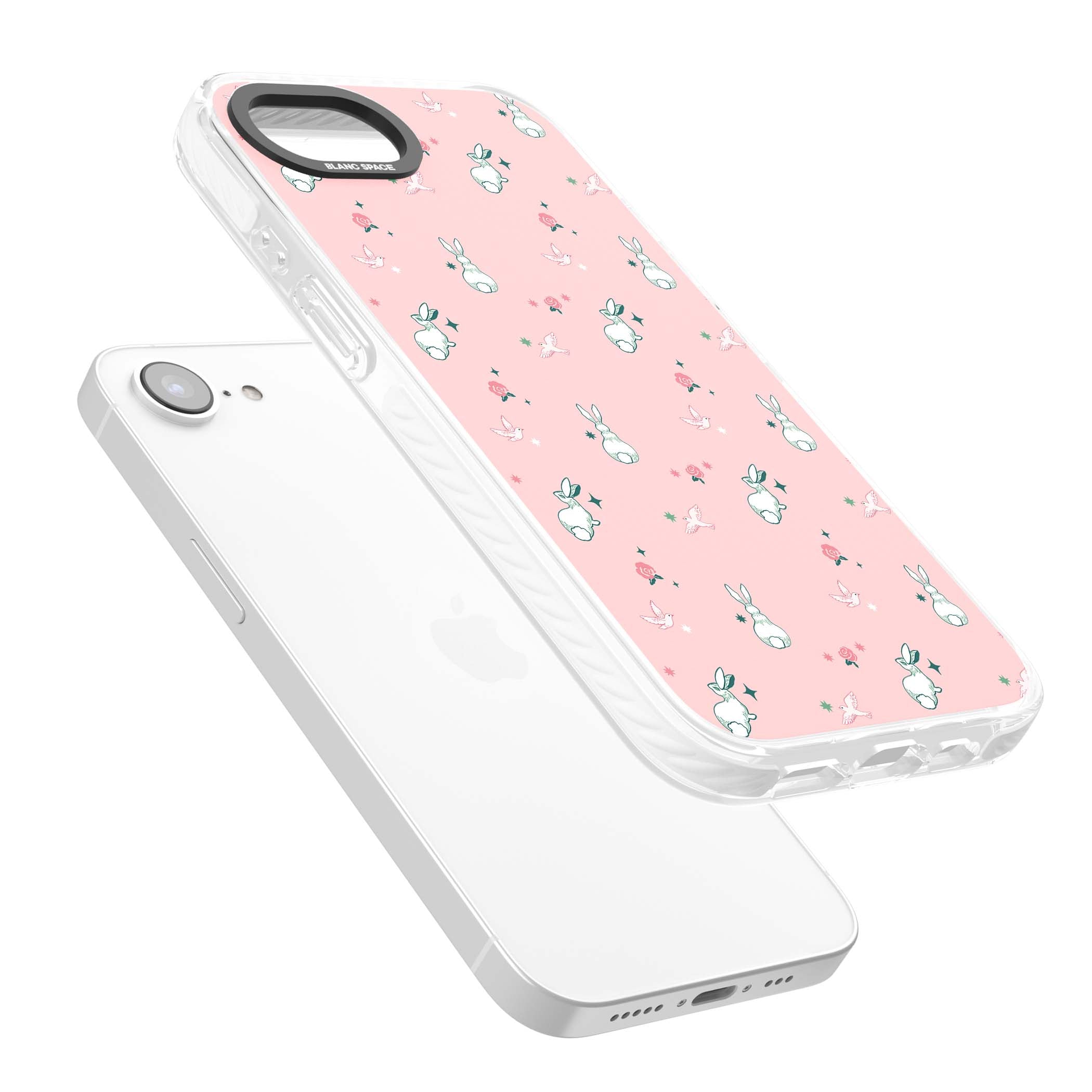 Bunny Garden kawaii iPhone case featuring white rabbits, pink roses, doves and stars on pink background | Impact Magsafe case for iPhone 16e, iPhone 17e