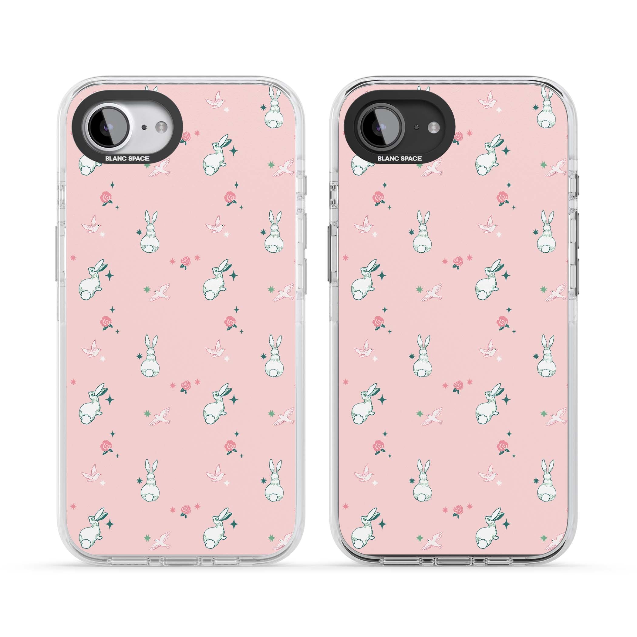 Bunny Garden kawaii iPhone case featuring white rabbits, pink roses, doves and stars on pink background | Impact Magsafe case for iPhone 16e, iPhone 17e
