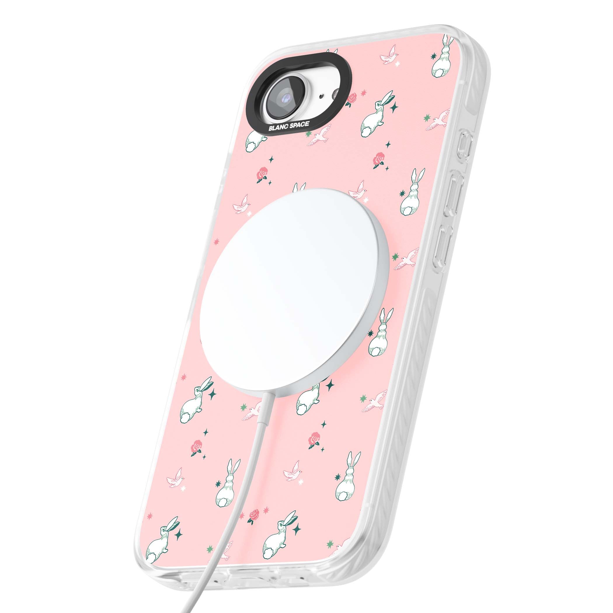 Bunny Garden kawaii iPhone case featuring white rabbits, pink roses, doves and stars on pink background | Impact Magsafe case for iPhone 16e, iPhone 17e