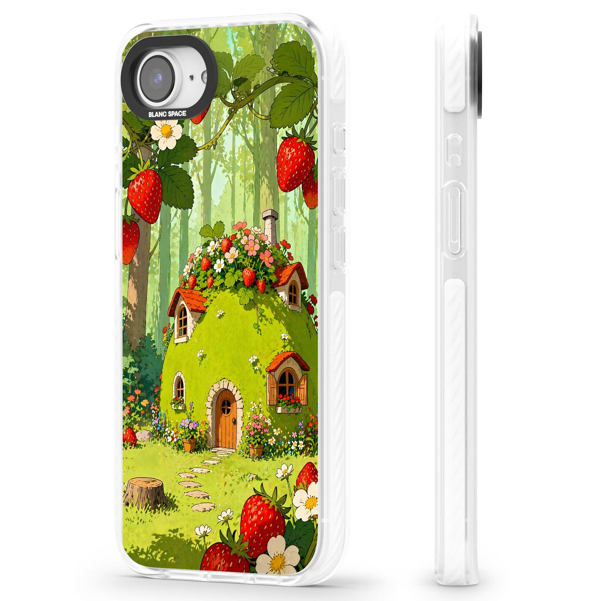 Strawberry Cottage cottagecore iPhone case featuring a green fairy house, wild strawberries and enchanted forest flowers | Impact Magsafe case for iPhone 16e, iPhone 17e