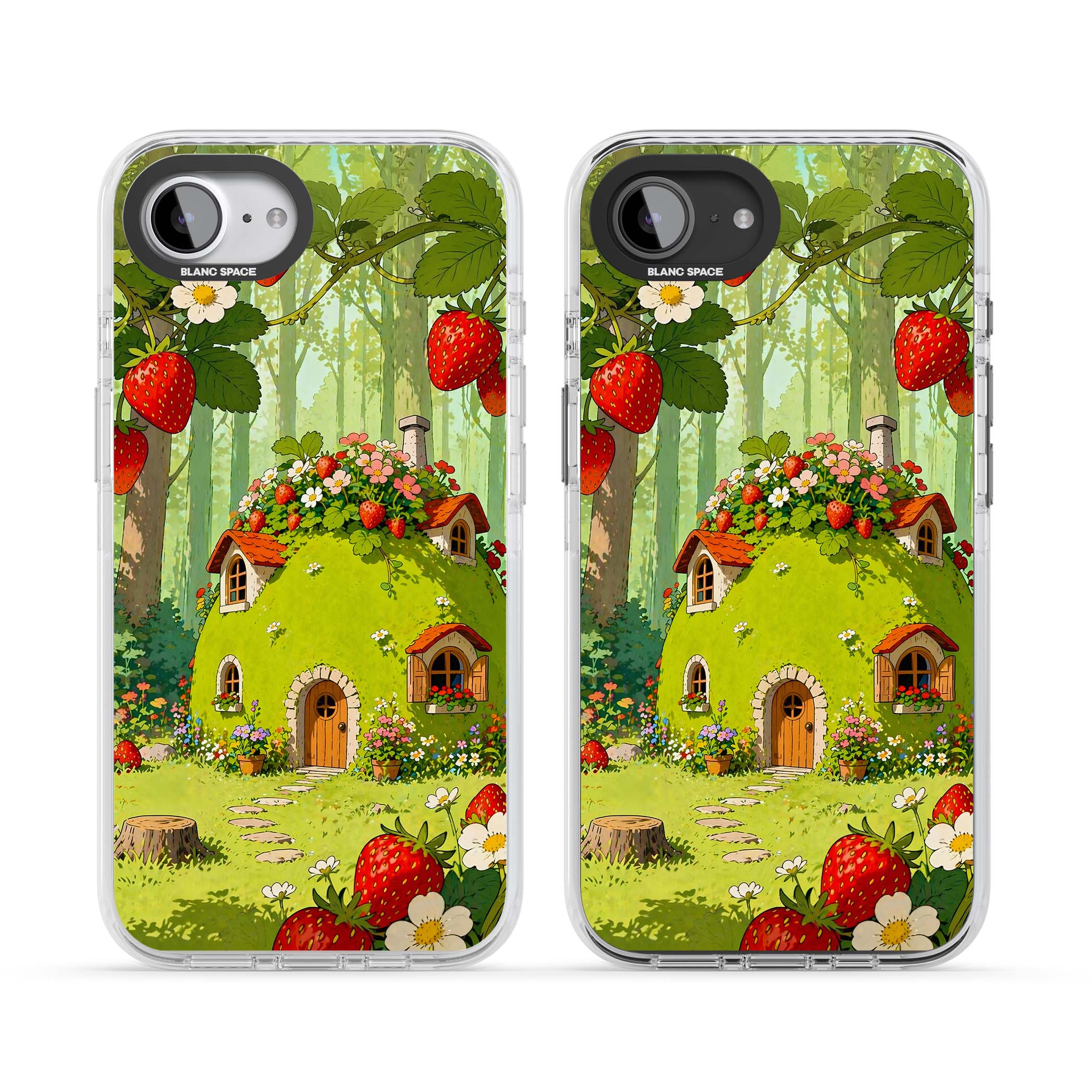 Strawberry Cottage cottagecore iPhone case featuring a green fairy house, wild strawberries and enchanted forest flowers | Impact Magsafe case for iPhone 16e, iPhone 17e