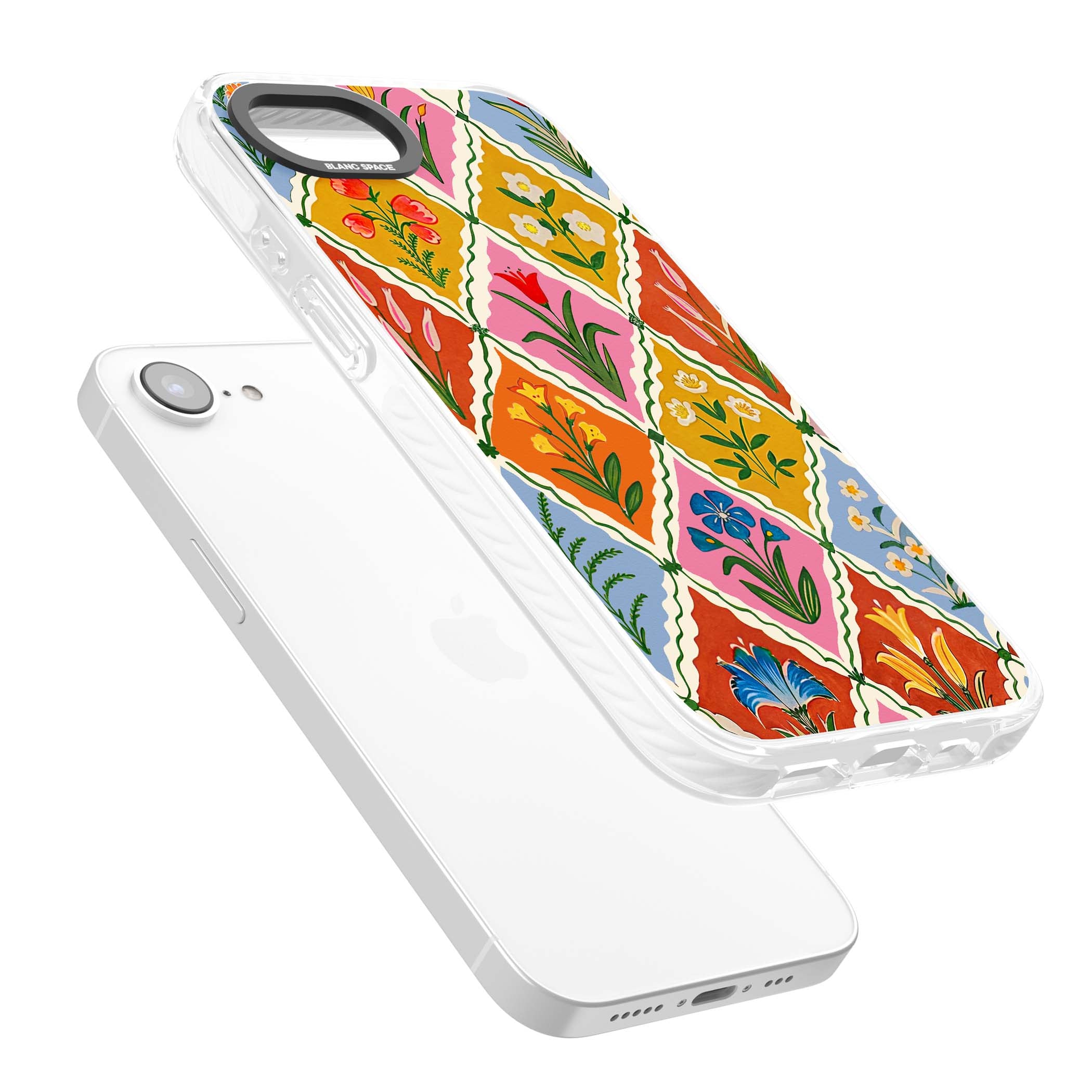 Floral Quilt boho floral iPhone case featuring diamond lattice pattern, hand-painted tulips and folk art wildflowers | Impact Magsafe case for iPhone 16e, iPhone 17e