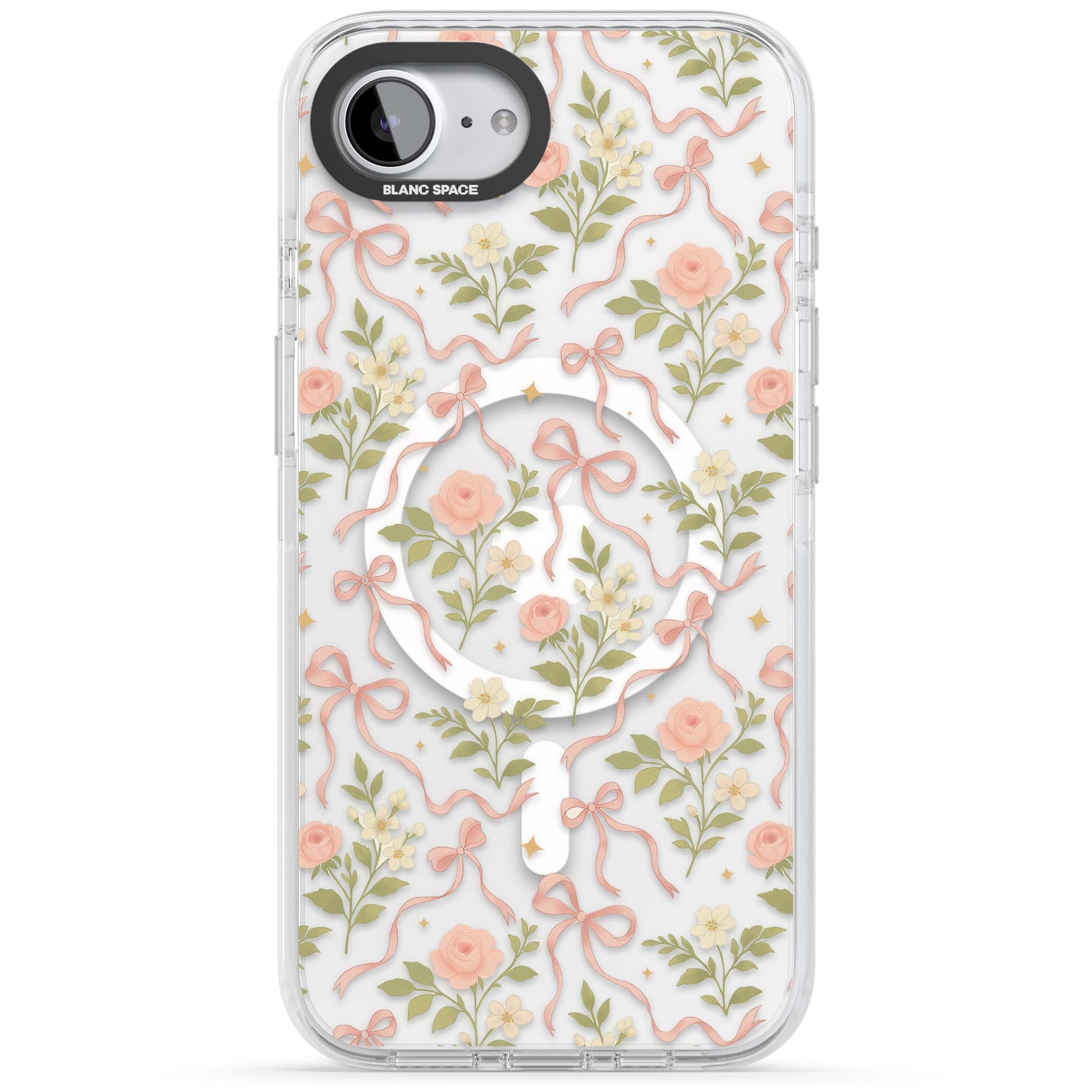 Ribbon Garden coquette iPhone case featuring pink bows, peach roses and wildflowers on white background | Impact Magsafe case for iPhone 16e, iPhone 17e