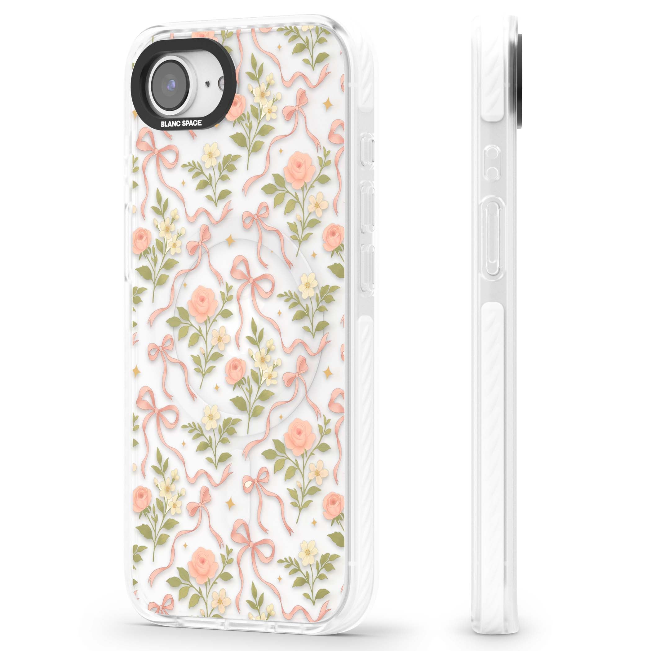 Ribbon Garden coquette iPhone case featuring pink bows, peach roses and wildflowers on white background | Impact Magsafe case for iPhone 16e, iPhone 17e