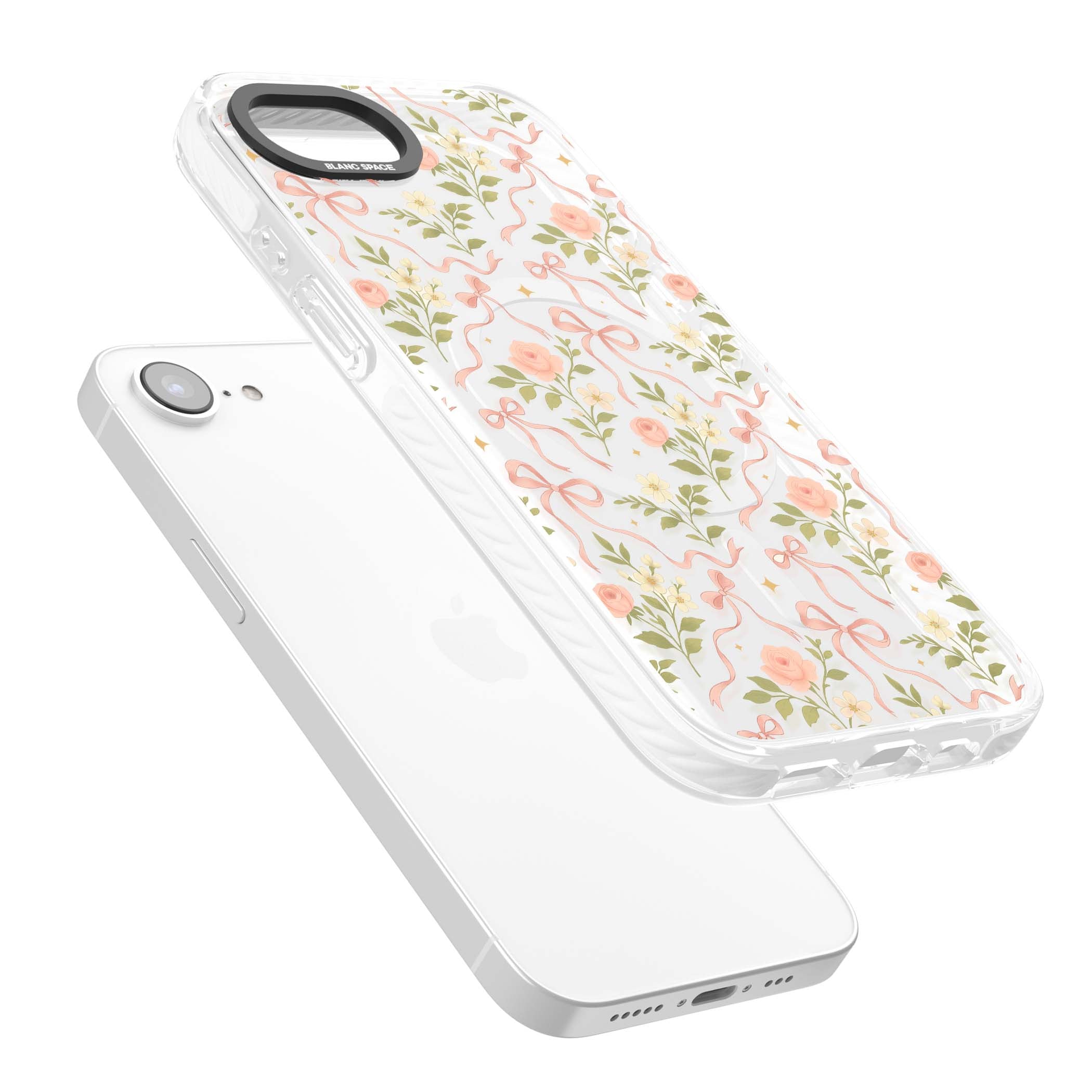 Ribbon Garden coquette iPhone case featuring pink bows, peach roses and wildflowers on white background | Impact Magsafe case for iPhone 16e, iPhone 17e