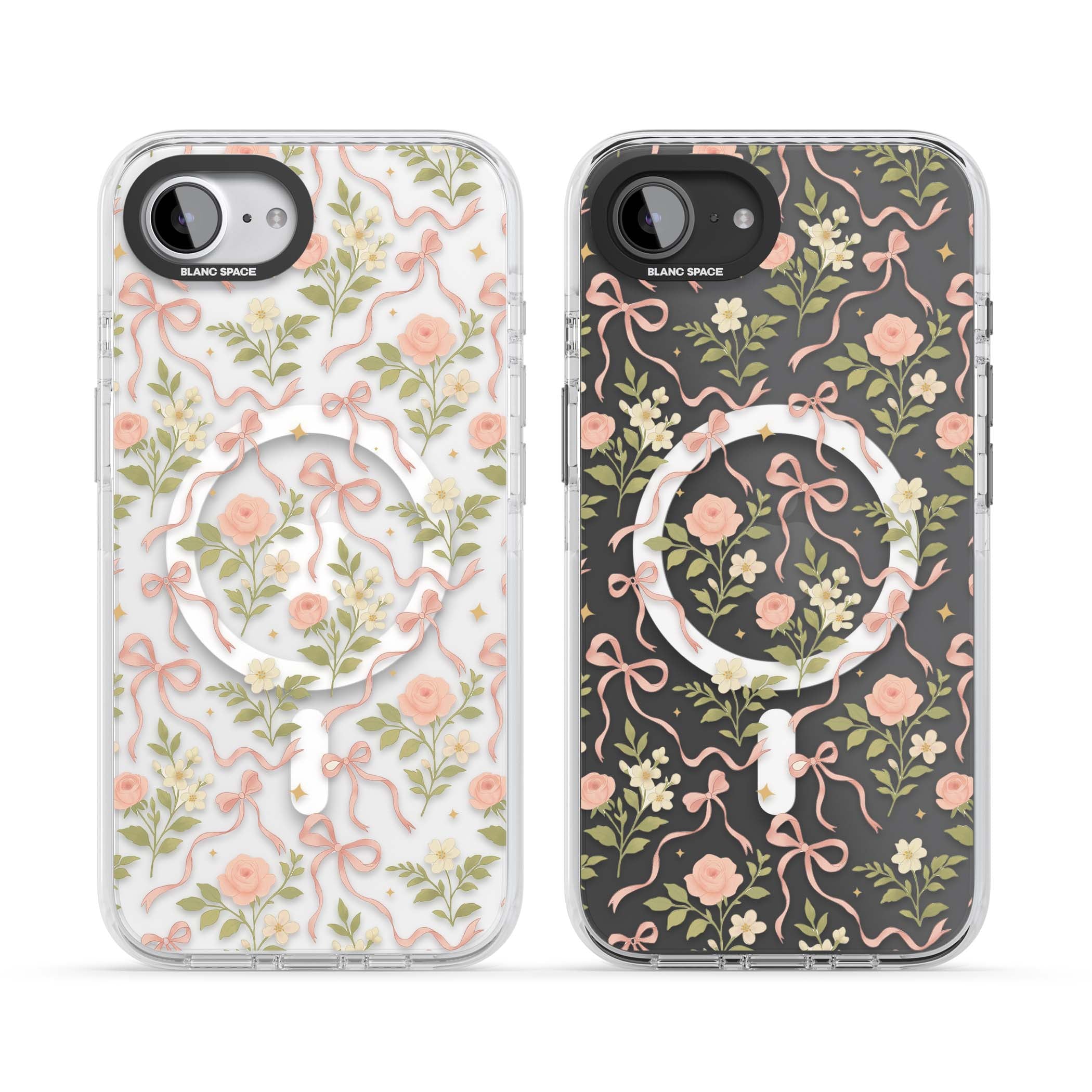 Ribbon Garden coquette iPhone case featuring pink bows, peach roses and wildflowers on white background | Impact Magsafe case for iPhone 16e, iPhone 17e