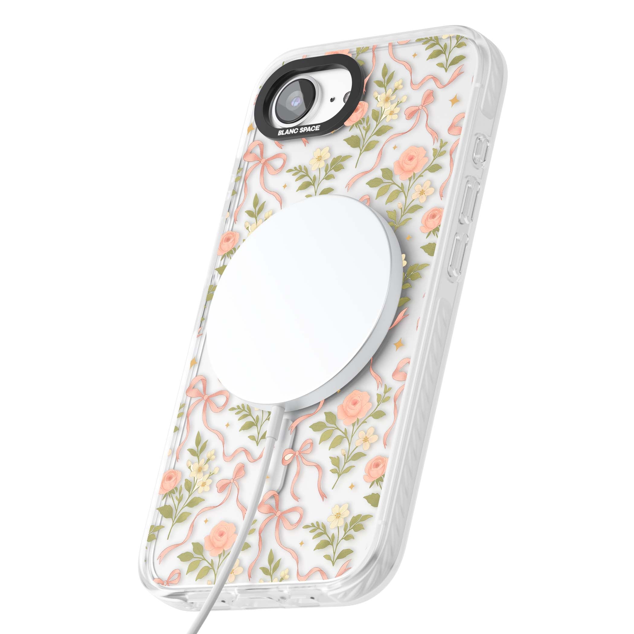 Ribbon Garden coquette iPhone case featuring pink bows, peach roses and wildflowers on white background | Impact Magsafe case for iPhone 16e, iPhone 17e