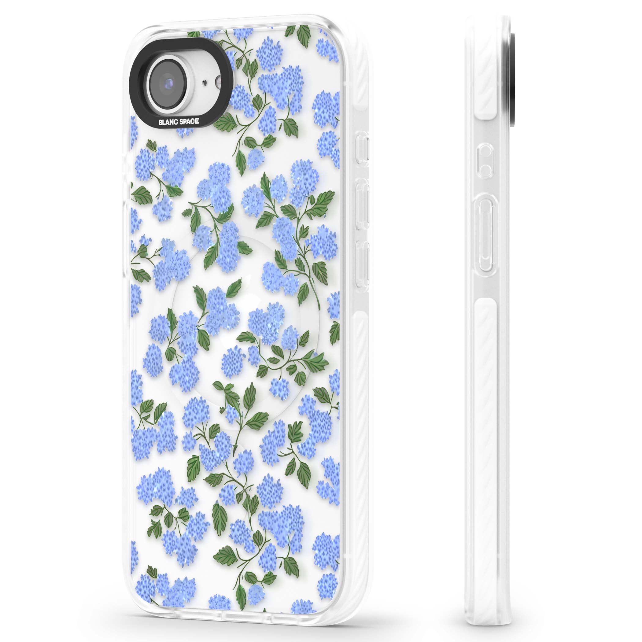 Hydrangea Dreams cottagecore iPhone case featuring soft blue hydrangea flower clusters and green leaves | Impact Magsafe case for iPhone 16e, iPhone 17e