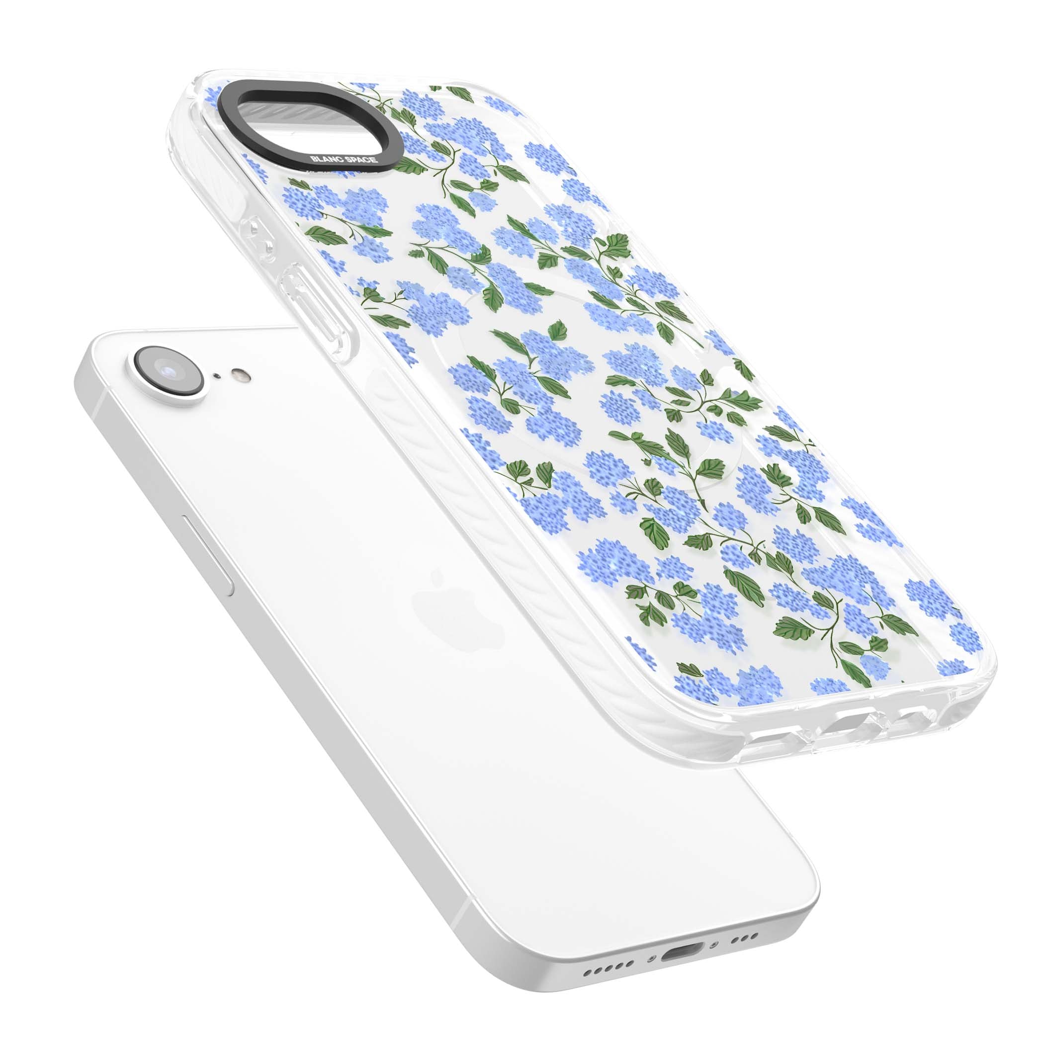 Hydrangea Dreams cottagecore iPhone case featuring soft blue hydrangea flower clusters and green leaves | Impact Magsafe case for iPhone 16e, iPhone 17e