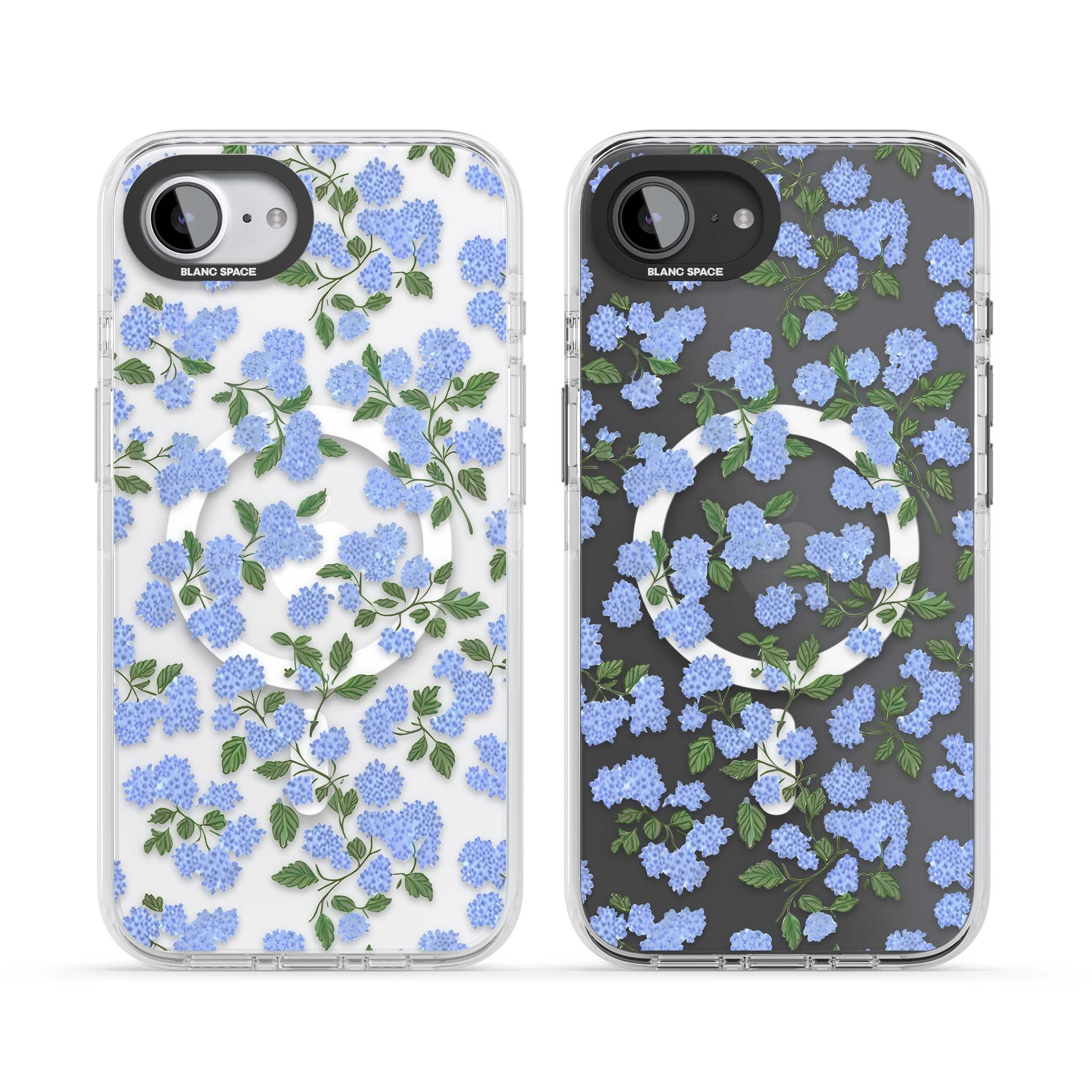 Hydrangea Dreams cottagecore iPhone case featuring soft blue hydrangea flower clusters and green leaves | Impact Magsafe case for iPhone 16e, iPhone 17e