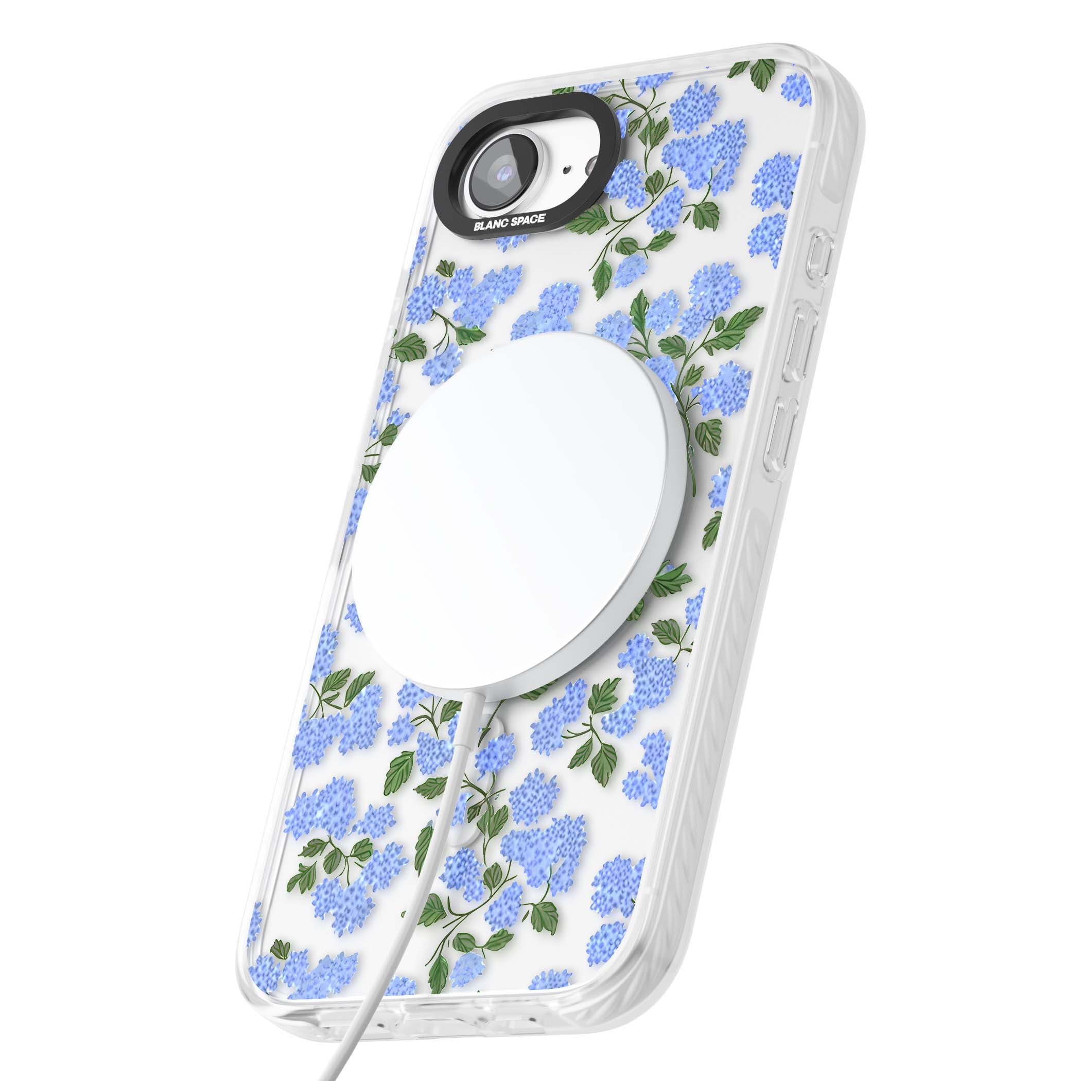 Hydrangea Dreams cottagecore iPhone case featuring soft blue hydrangea flower clusters and green leaves | Impact Magsafe case for iPhone 16e, iPhone 17e