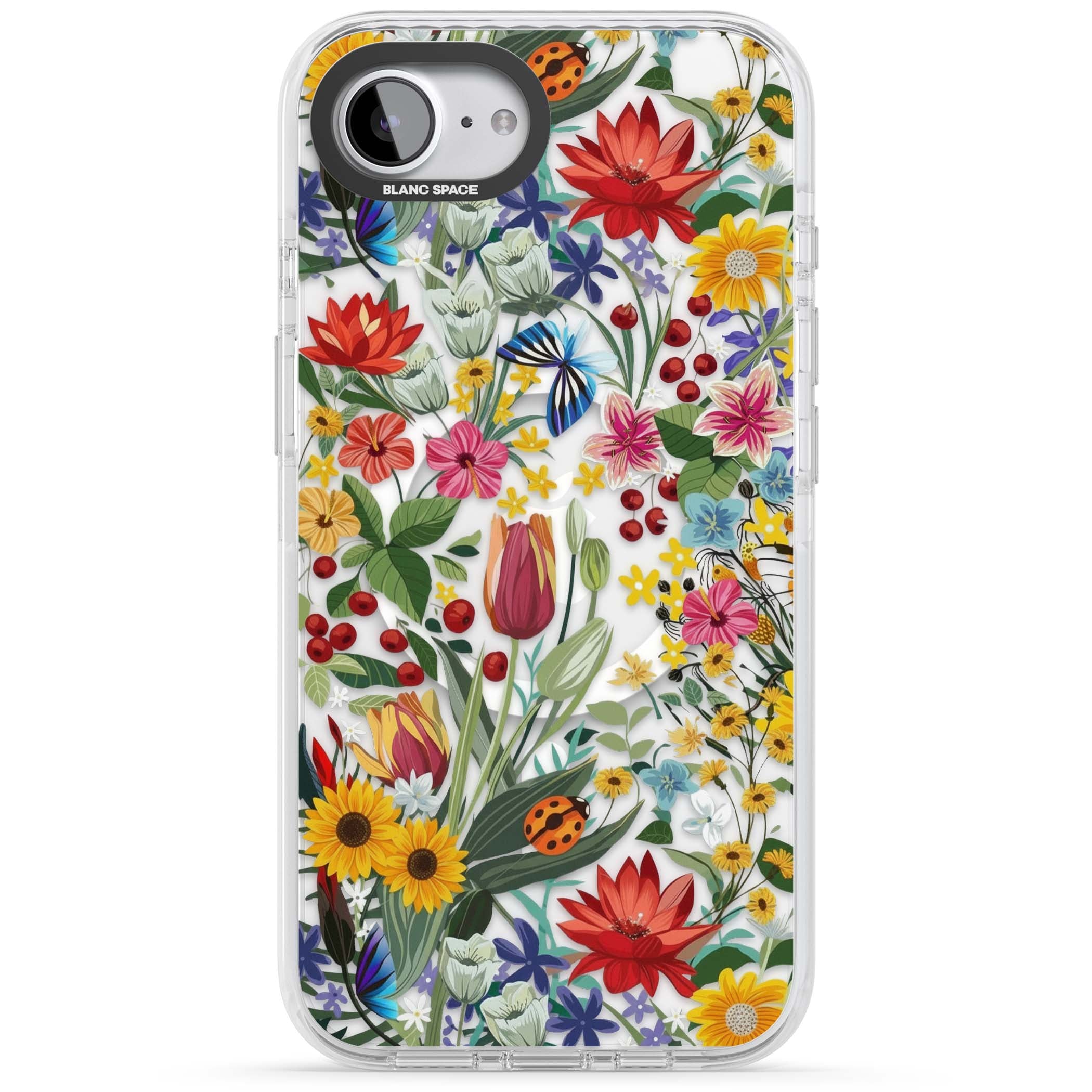 Botanical Bloom cottagecore iPhone case featuring colorful wildflowers, sunflowers, and ladybugs on clear background | Impact Magsafe case for iPhone 16e, iPhone 17e