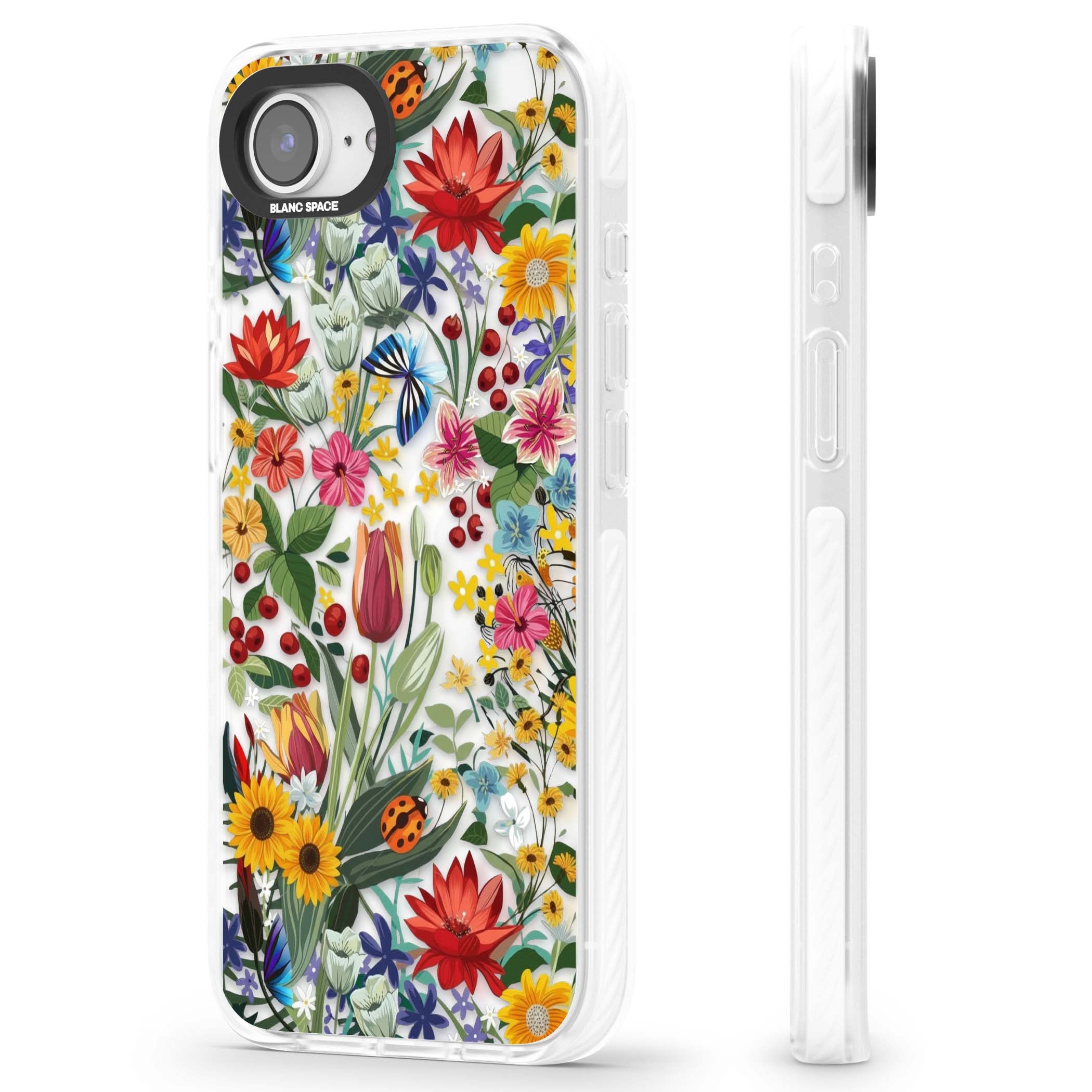 Botanical Bloom cottagecore iPhone case featuring colorful wildflowers, sunflowers, and ladybugs on clear background | Impact Magsafe case for iPhone 16e, iPhone 17e