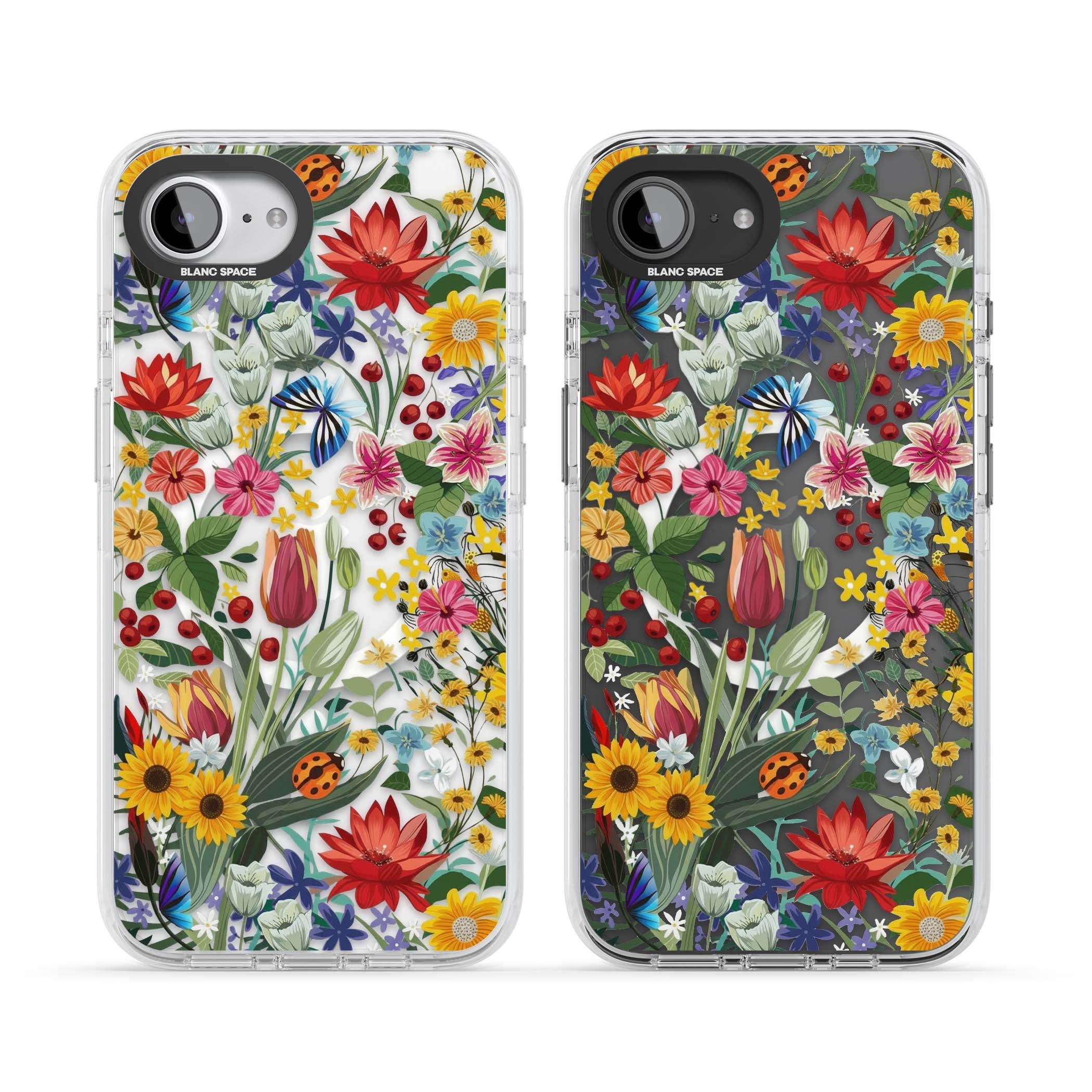 Botanical Bloom cottagecore iPhone case featuring colorful wildflowers, sunflowers, and ladybugs on clear background | Impact Magsafe case for iPhone 16e, iPhone 17e
