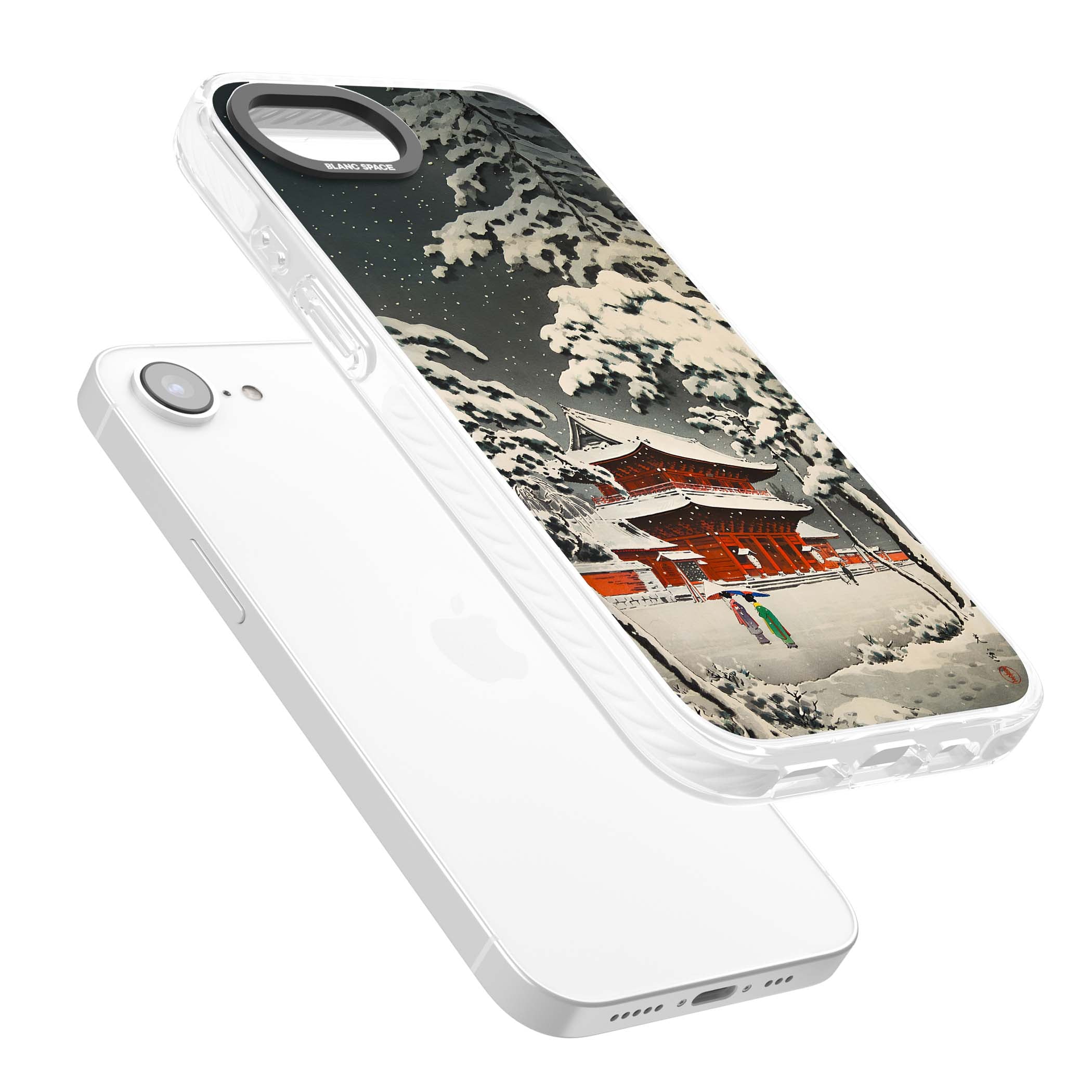Snow at Shiha Park, Tokyo Japanese art iPhone case featuring a vintage ukiyo-e snowy temple, red pagoda, and snow-covered pin | Impact Magsafe case for iPhone 16e, iPhone 17e