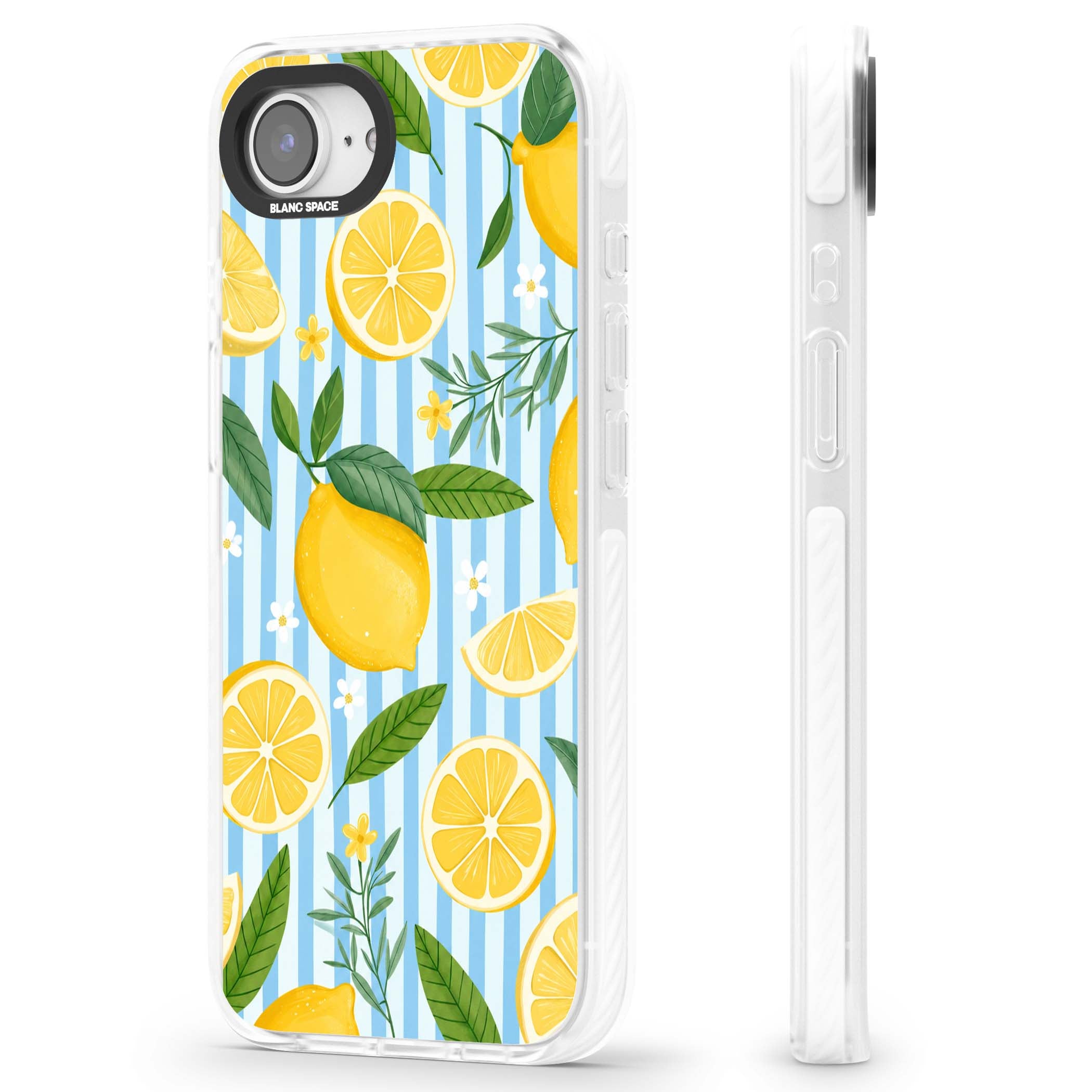 Capri Citrus Stripe coastal iPhone case featuring yellow lemons, blue stripes, and white daisy blossoms | Impact Magsafe case for iPhone 16e, iPhone 17e