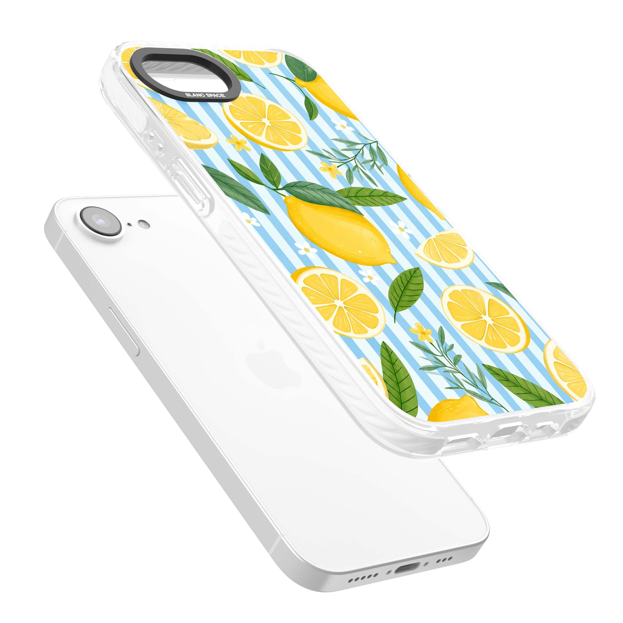 Capri Citrus Stripe coastal iPhone case featuring yellow lemons, blue stripes, and white daisy blossoms | Impact Magsafe case for iPhone 16e, iPhone 17e