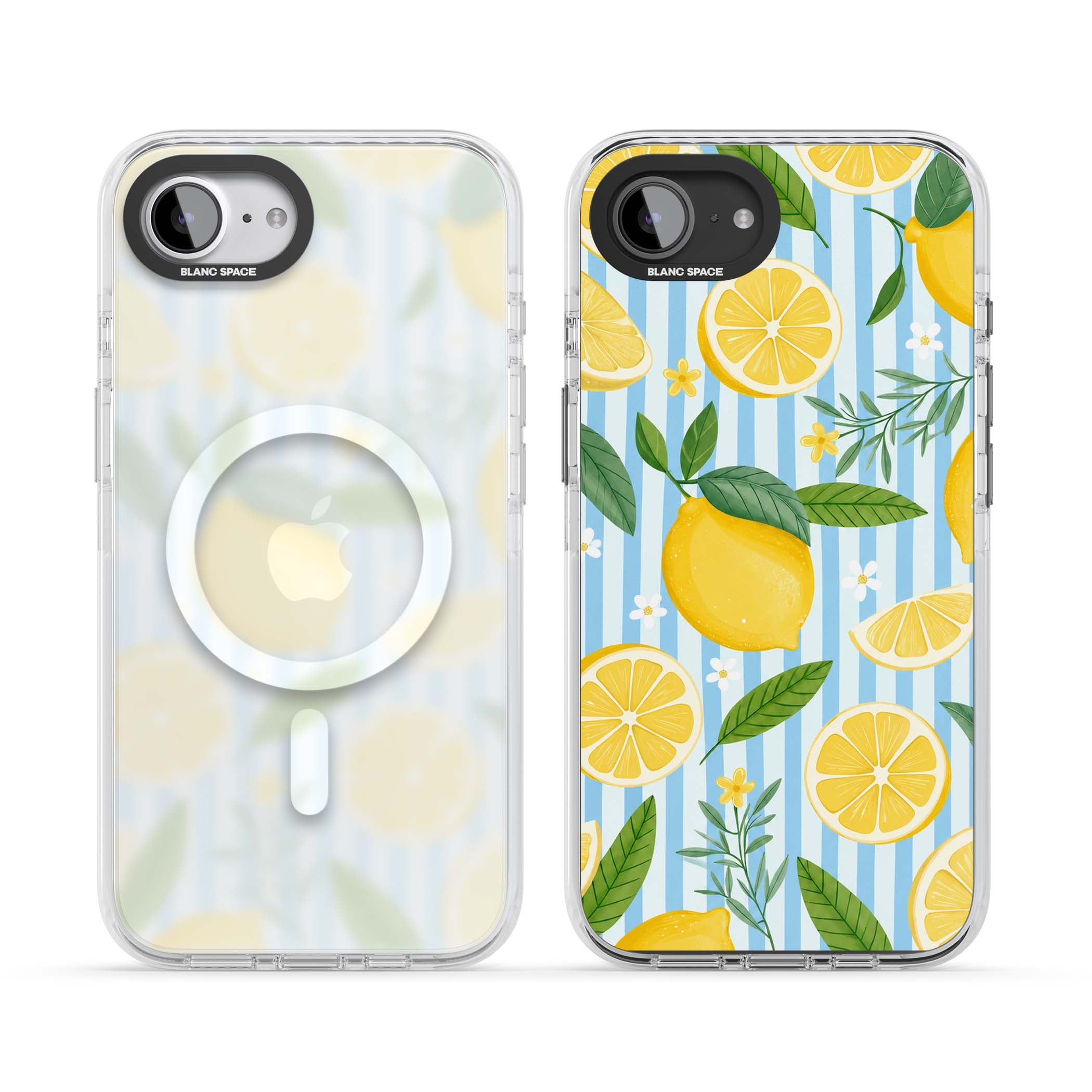 Capri Citrus Stripe coastal iPhone case featuring yellow lemons, blue stripes, and white daisy blossoms | Impact Magsafe case for iPhone 16e, iPhone 17e
